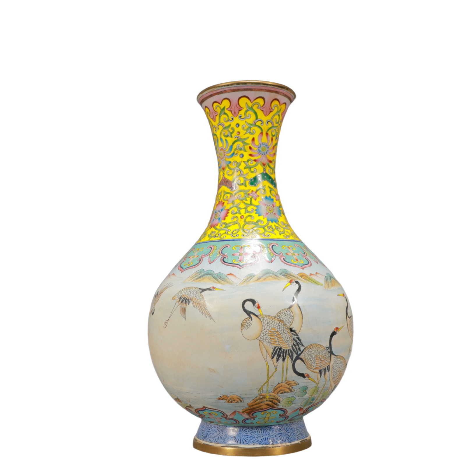 An Exquisite Painted Enamel Pine and Crane Pattern Vase: An Exquisite Painted Enamel Pine and Crane Pattern Vase,Qing Dynasty, China,Qianlong Four-character Mark,Size:5.5inx9.8in,Weight:900g 