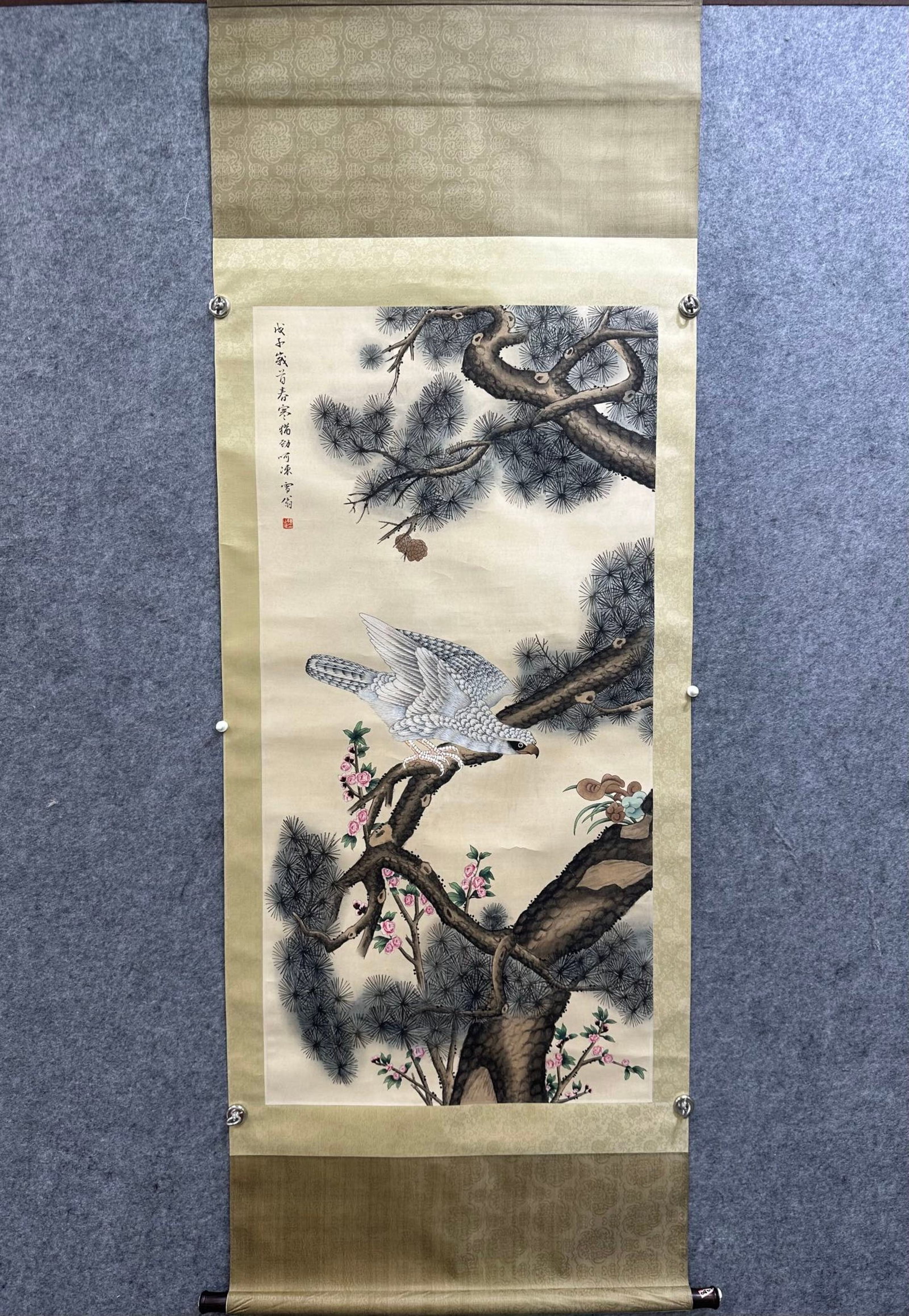 A Chinese Vertical Scroll Ink Painting of Pine and Eagle on Paper,Chen Zhifo (1 of 8)