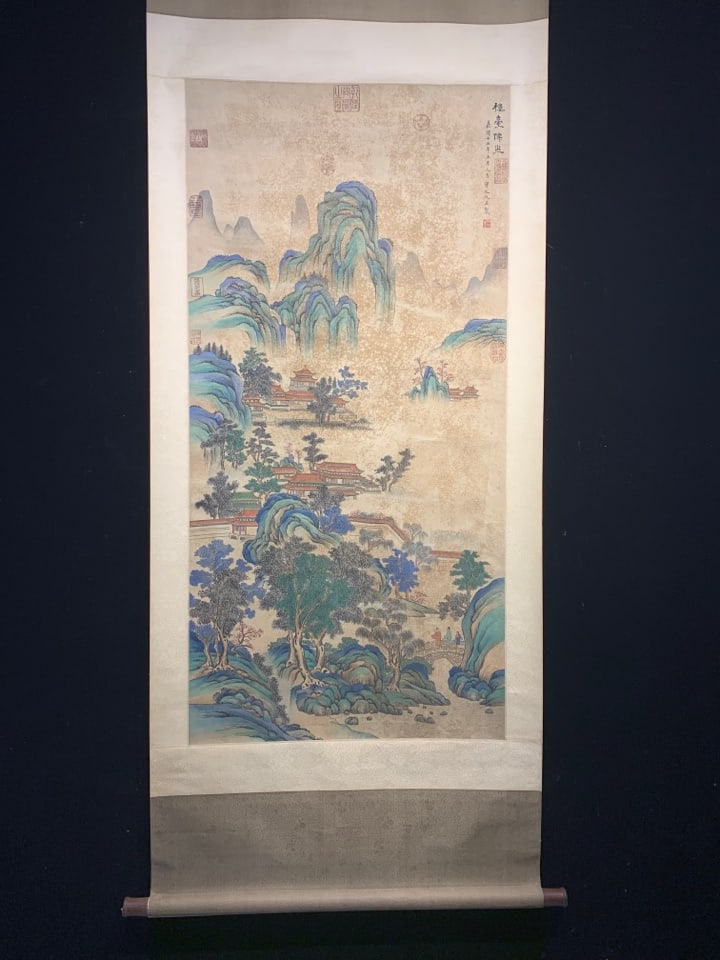 A Chinese Vertical Scroll Ink Painting of Landscape and Figure on Silk,Chou Ying: A Chinese Vertical Scroll Ink Painting of Landscape and Figure on Silk,Chou Ying,Size:(Without frame)51.2inx24.8in 一幅中国水墨绢本山水É