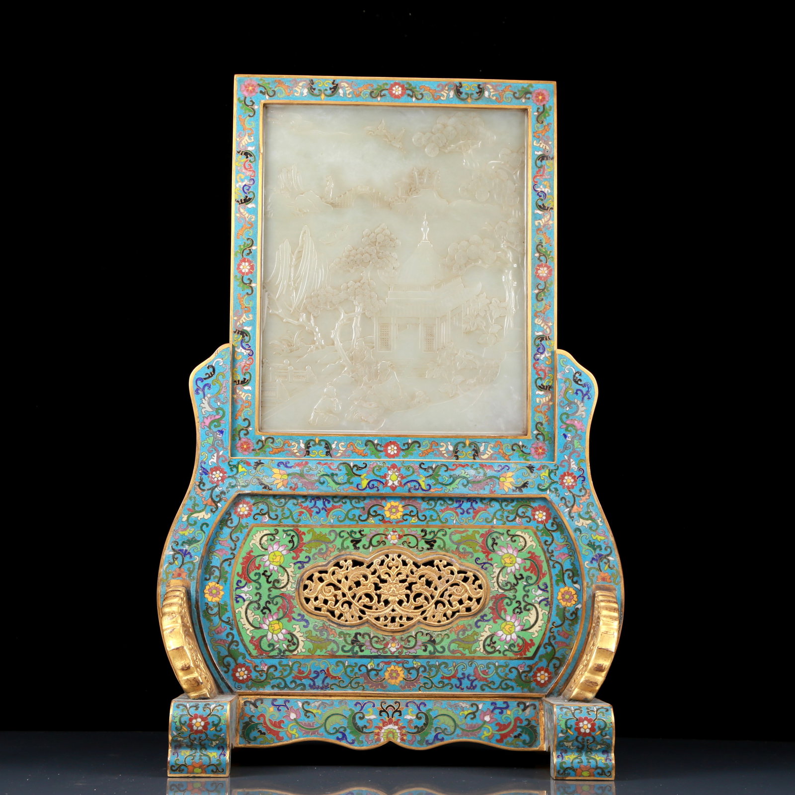 A Perfect Cloisonne Inlaid Greenish Jade Landscape and Figure Pattern Table Screen (1 of 13)