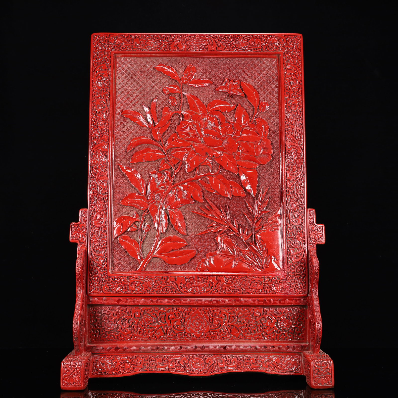 A Huge Carved Red Lacquer Landscape and Figure Pattern Table Screen (1 of 15)