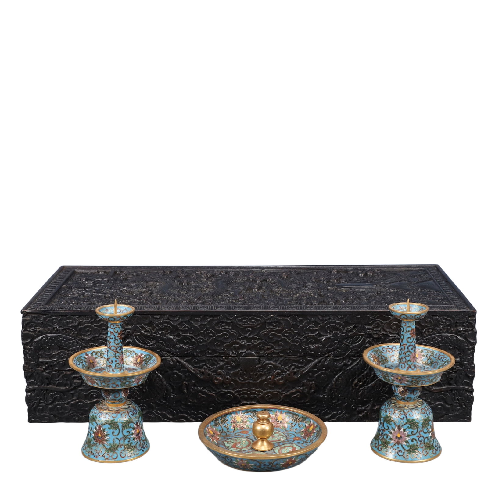 A Set of Fine Cloisonne Lotus Pattern Ornaments,With Auspicious Cloud and Dragon Pattern Box (1 of 15)