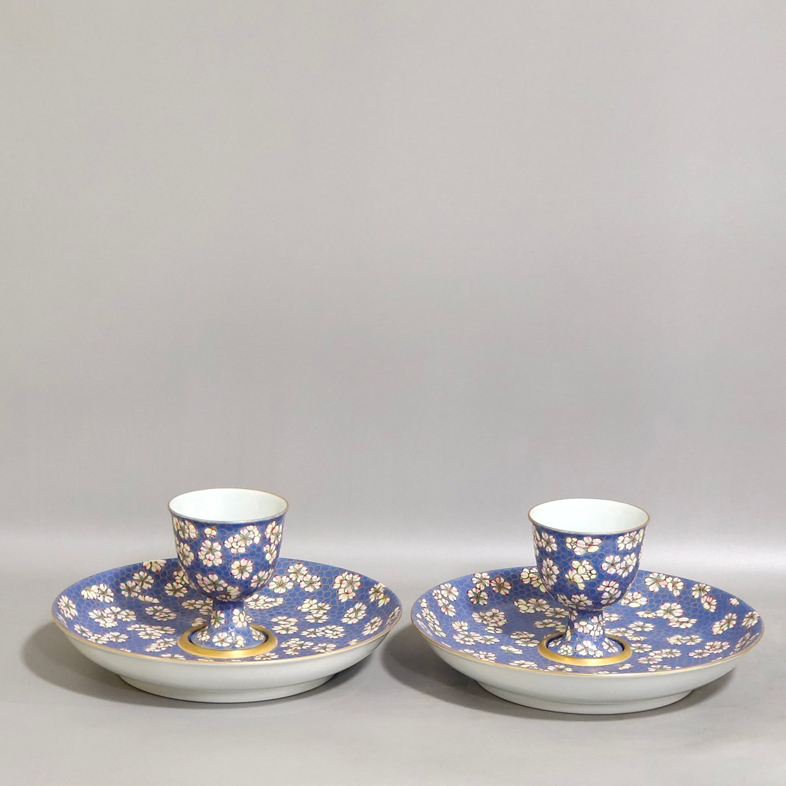 A Pair of Exquisite Famille-Rose Blue Ground Painted Gold Plum Blossom Pattern Cups,With Tray (1 of 9)