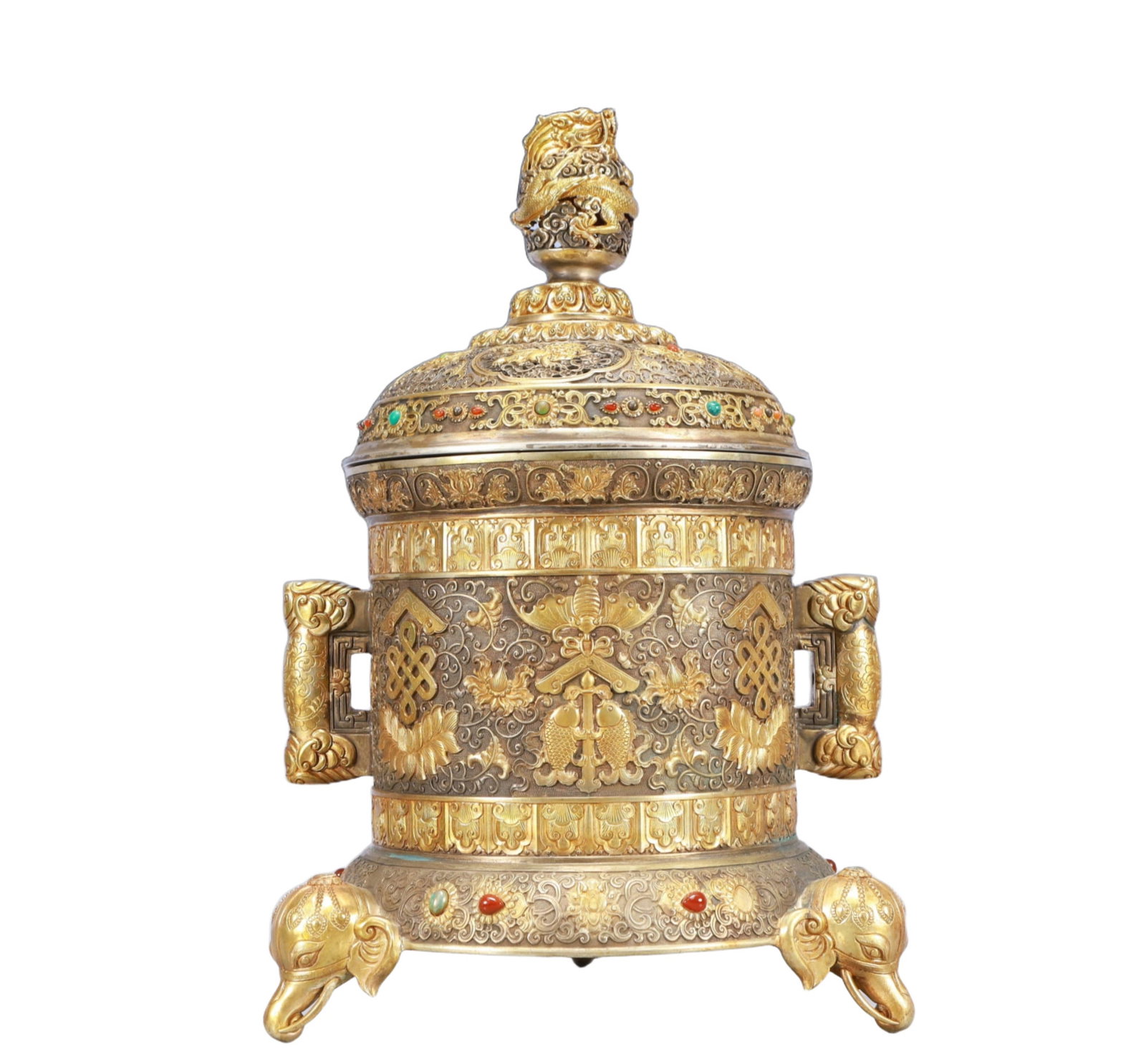A Rare Gilt Silver Eight Treasures Pattern Double-Ears and Elephant-legs Censer,Inlaid Gems (1 of 9)