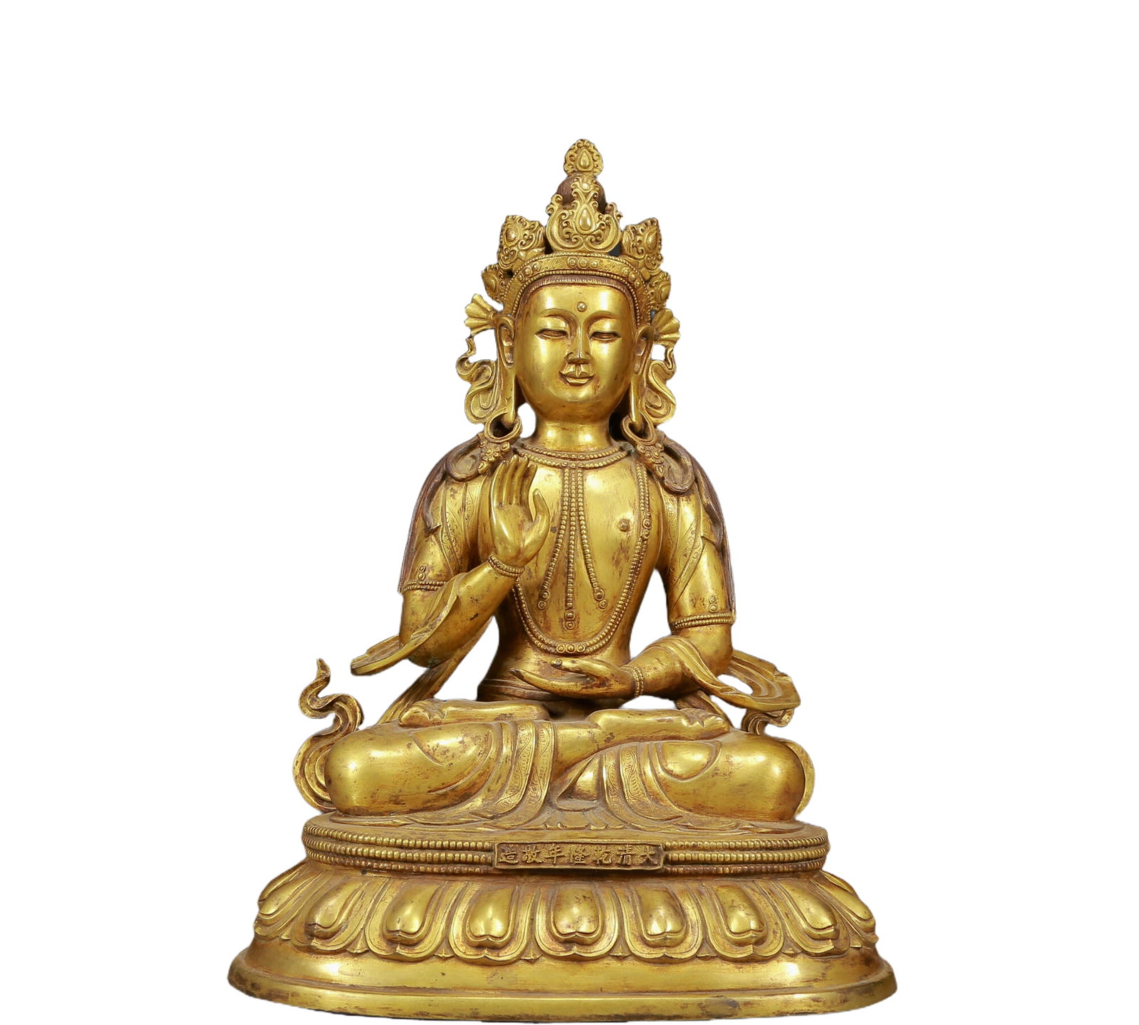 A Solemn Gilt Bronze Statue of Avalokitesvara: A Solemn Gilt Bronze Statue of Avalokitesvara,Qing Dynasty, China,Qianlong Seven-character Mark,Size:11.4inx8.7inx15.7in,Weight:10800g 铜鎏金观音像，清&