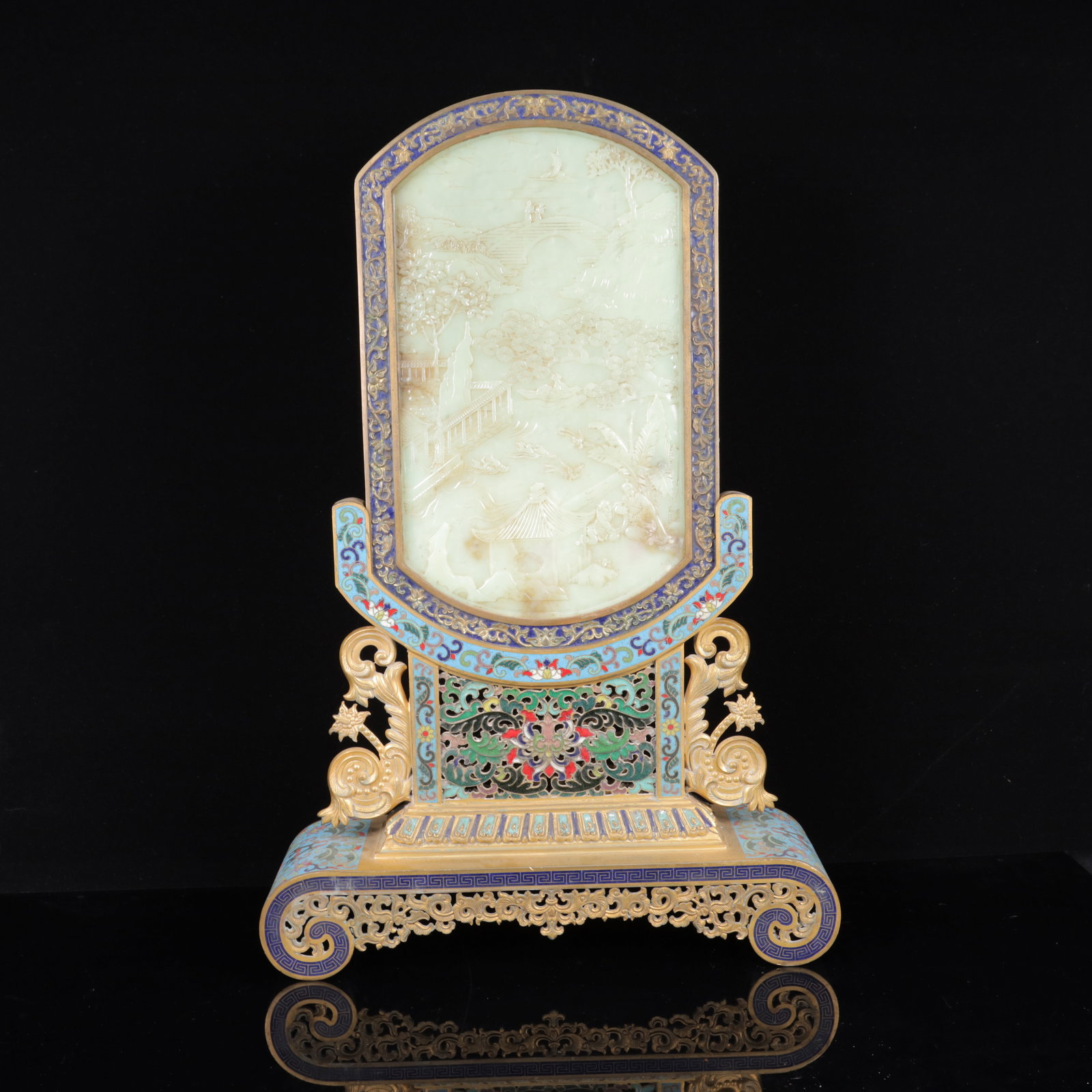 An Exquisite Cloisonne Inlaid White Jade Character and Story Pattern Table Screen,with poem (1 of 17)