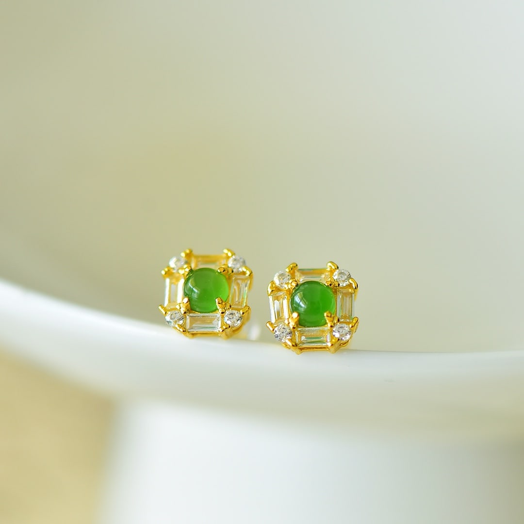 A Pair of Exquisite Sterling Silver-Gold Plated Inlaid Jasper Earrings,Inlaid Gems: A Pair of Exquisite Sterling Silver-Gold Plated Inlaid Jasper Earrings,Inlaid Gems Size:4mmx4mm 