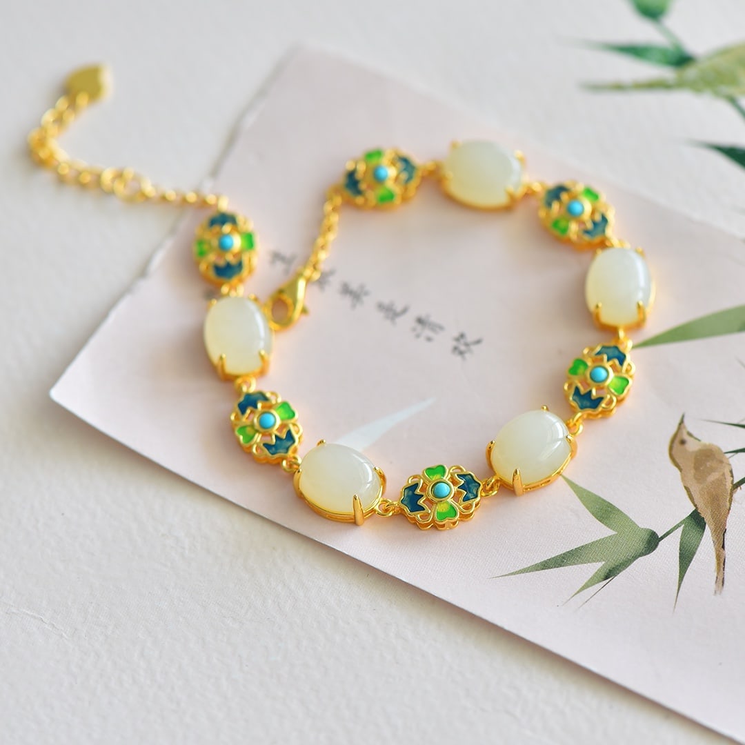 An Exquisite Sterling Silver-Gold Plated Inlaid White Jade Enamel Bracelets,Inlaid Turquoise (1 of 5)