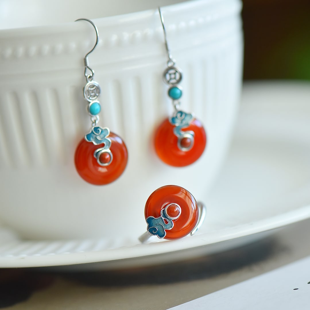 A Set of Fine Sterling Silver Inlaid Agate Jewelrys,Inlaid Turquoise: A Set of Fine Sterling Silver Inlaid Agate Jewelrys,Inlaid Turquoise,Size:(Earrings)15mmx15mm,(Ring)14mmx14mm 