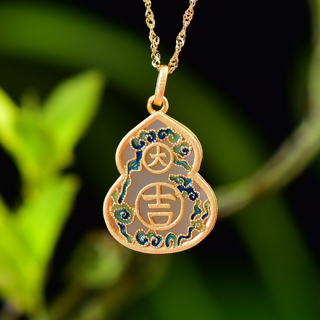 An Exquisite Sterling Silver-Gold Plated Inlaid White Jade Enamel Gourd Pendant: An Exquisite Sterling Silver-Gold Plated Inlaid White Jade Enamel Gourd Pendant,Size:16mmx20mm 
