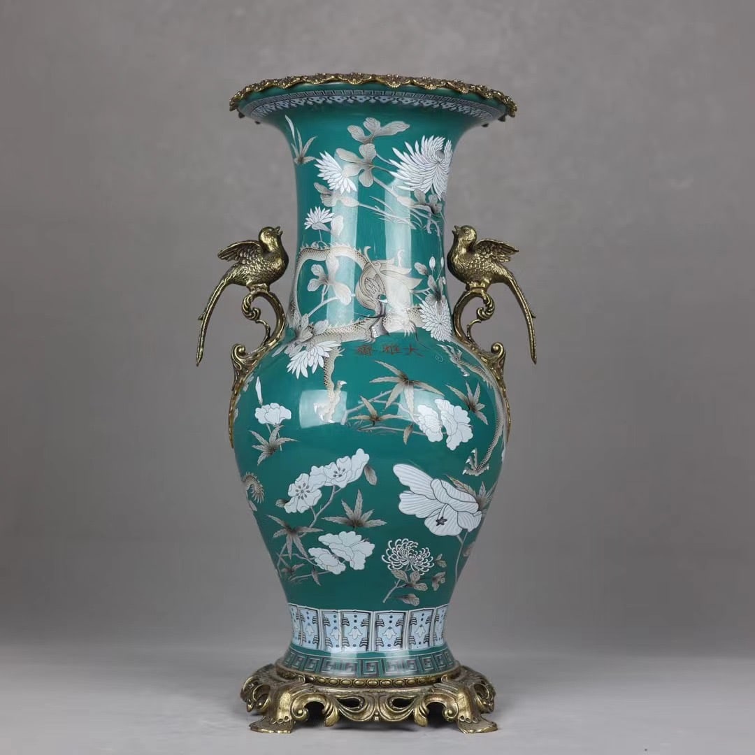 A Exquisite Pine Stone Green Ground with Gilded Dragon Pattern Bird Ears Vase: A Exquisite Pine Stone Green Ground with Gilded Dragon Pattern Bird Ears Vase,Qing Dynasty, China,With Mark,Size:18.5inx8.7inx10.2inx7.7in 