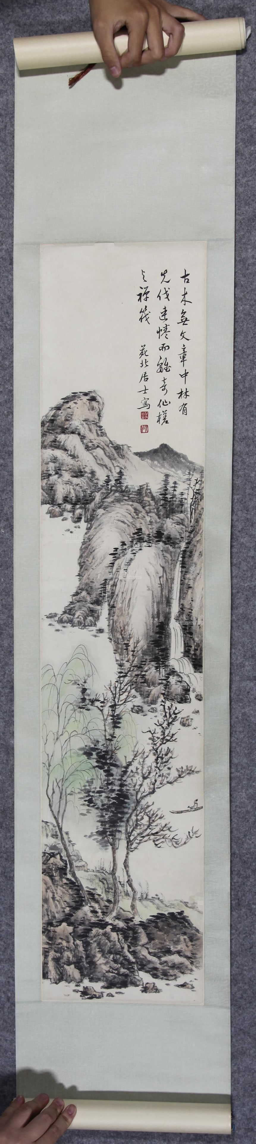 A Chinese Vertical Scroll Ink Painting of Landscape on Paper (1 of 11)