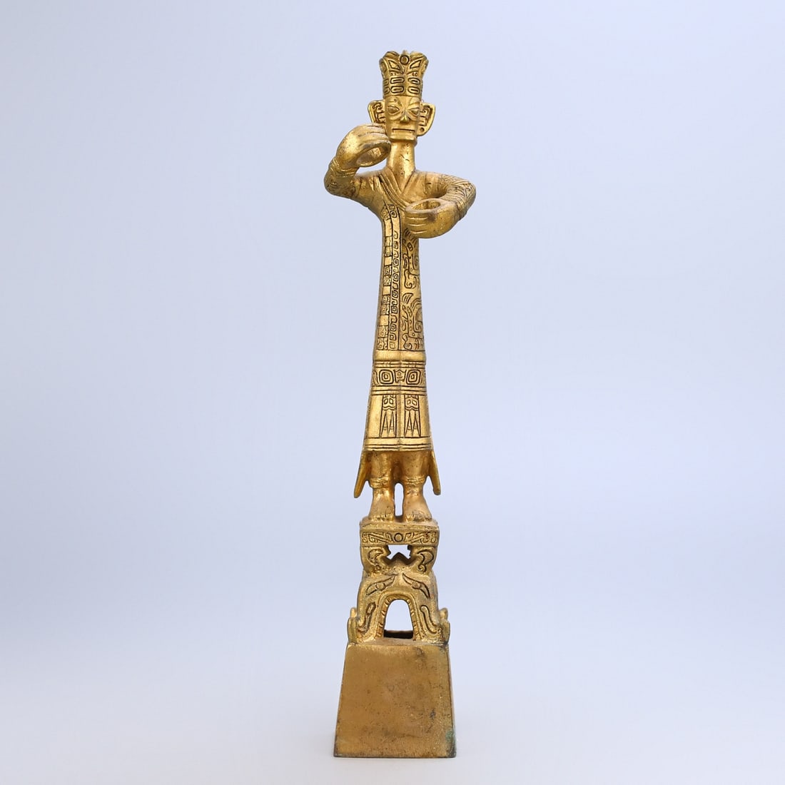 A Exquisite Bronze Gold Plated Figures Ornament: A Exquisite Bronze Gold Plated Figures Ornament,Ancient Time, China,Size:10.6inx2.4in,Weight:576g 铜镀金人物摆件,远古时期