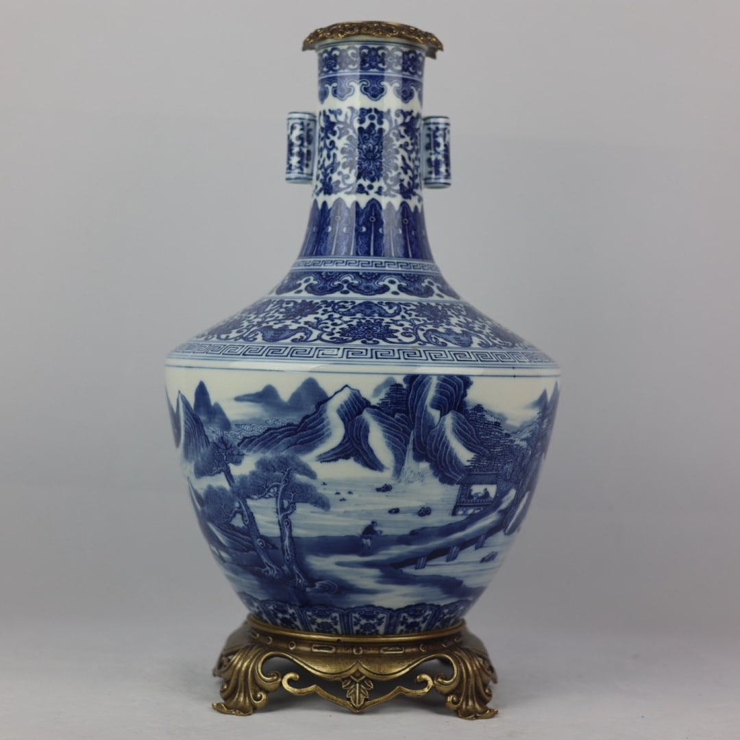 A Exquisite Blue and White Copper Inlay Landscape Pattern Double-Ears Vase: A Exquisite Blue and White Copper Inlay Landscape Pattern Double-Ears Vase,Qing Dynasty, China,Qianlong Six-character Mark,Size:18.5inx3.7inx10.2inx7.7in 