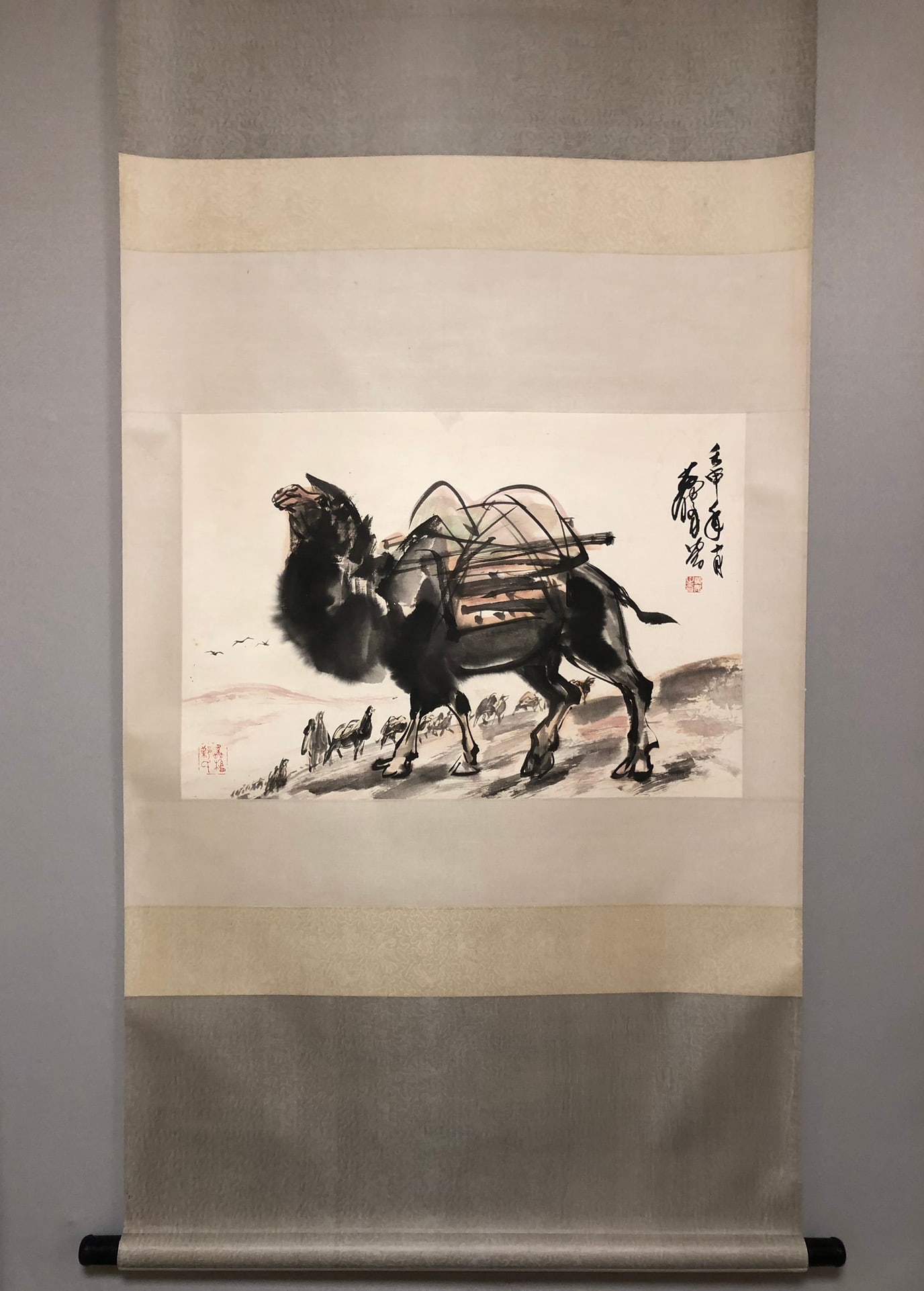 A Chinese Vertical Scroll Ink Painting of Camel on Paper: A Chinese Vertical Scroll Ink Painting of Camel on Paper,Modern Time of China,Huang Zhou,without frame size:26.4inx17.7in 