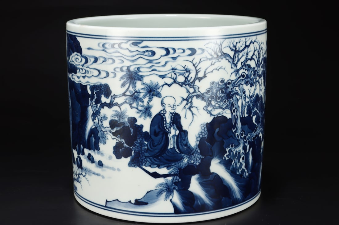 A Exquisite Blue and White Figures Pattern Brush Pot: A Exquisite Blue and White Figures Pattern Brush Pot,Qing Dynasty, China,Kangxi Six-character Mark,Size:8.7inx7.9in
