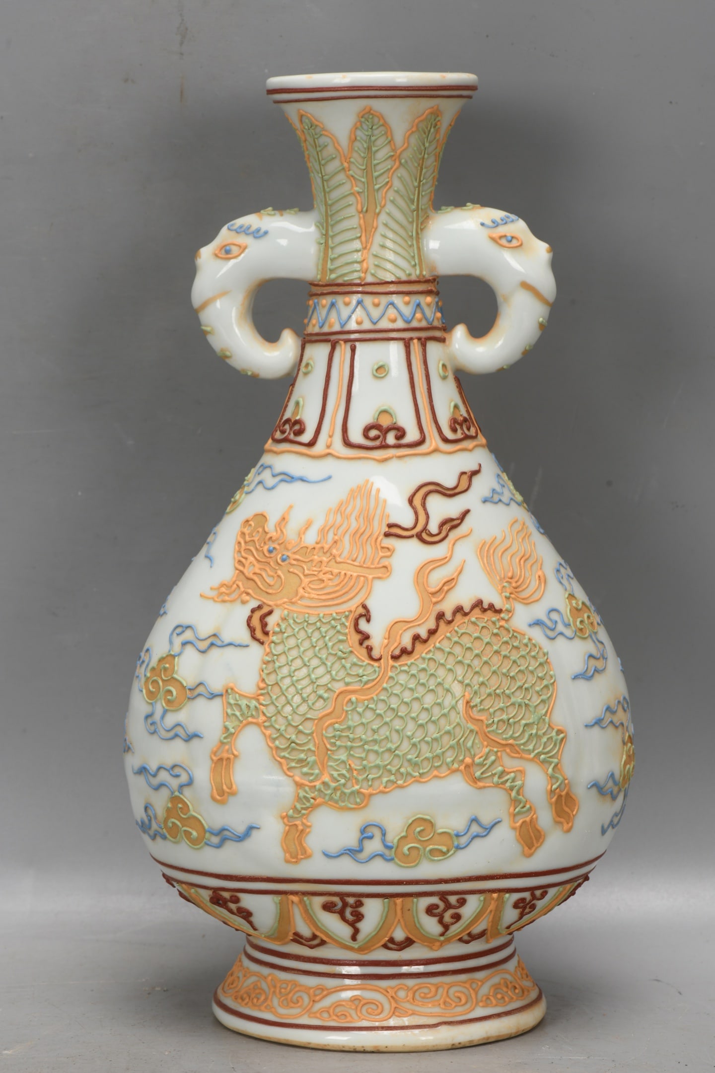 A Exquisite Li Powder Kylin Pattern Elephant Ears Vase: A Exquisite Li Powder Kylin Pattern Elephant Ears Vase,Yuan Dynasty, China,Size:9.8inx2.2inx5.1inx3.5in