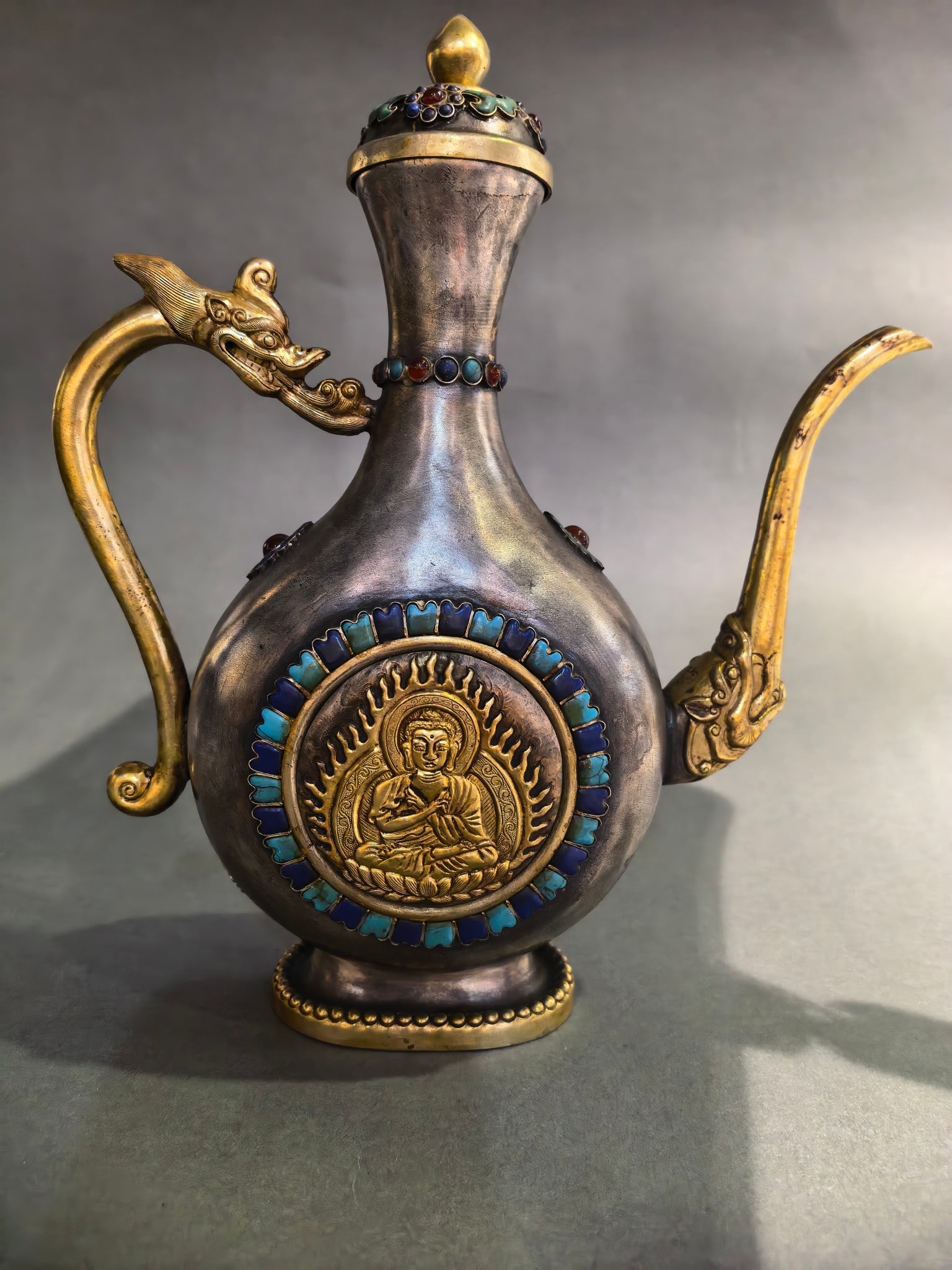 A Exquisite Gilt Bronze Buddha statue Pattern Ewer (1 of 9)