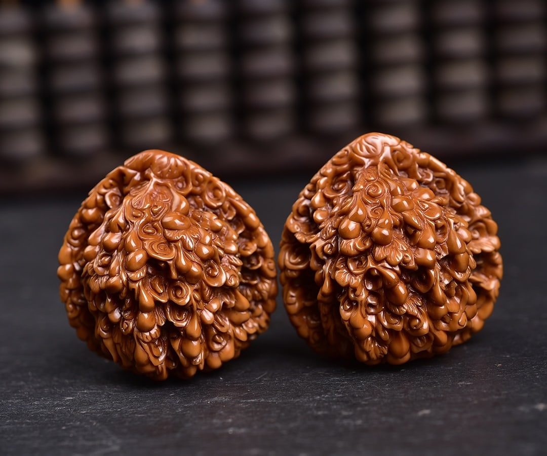 A pair of Exquisite Handcrafted Carving Walnut: A pair of Handcrafted Carving Walnut,Qing Dynasty, China,Size:1.8in, Weight:45g 一对手工雕刻核桃,中国清代