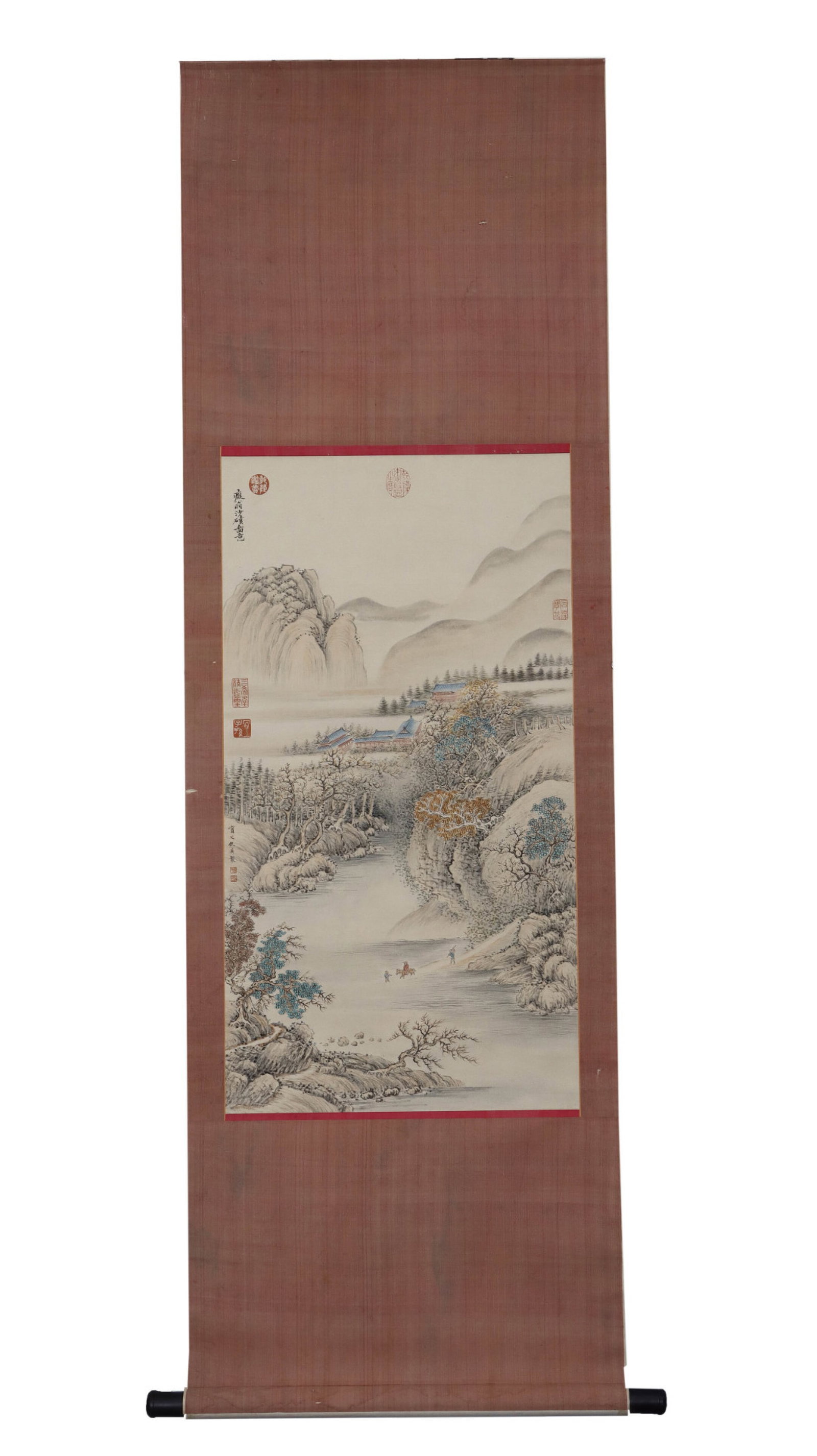 A Chinese Vertical Scroll Ink Painting of Landscape and Figure on Paper,Chou Ying: A Chinese Vertical Scroll Ink Painting of Landscape and Figure on Paper,Chou Ying,Size:(Without frame)34.6inx18.5in 一幅中国水墨山水人物