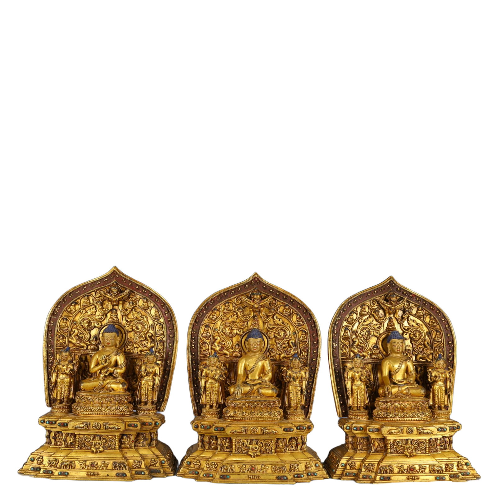 A Set of Solemn Gilt Bronze Buddha Statue,Inlaid Gems and Turquoise,With Inscription (1 of 20)