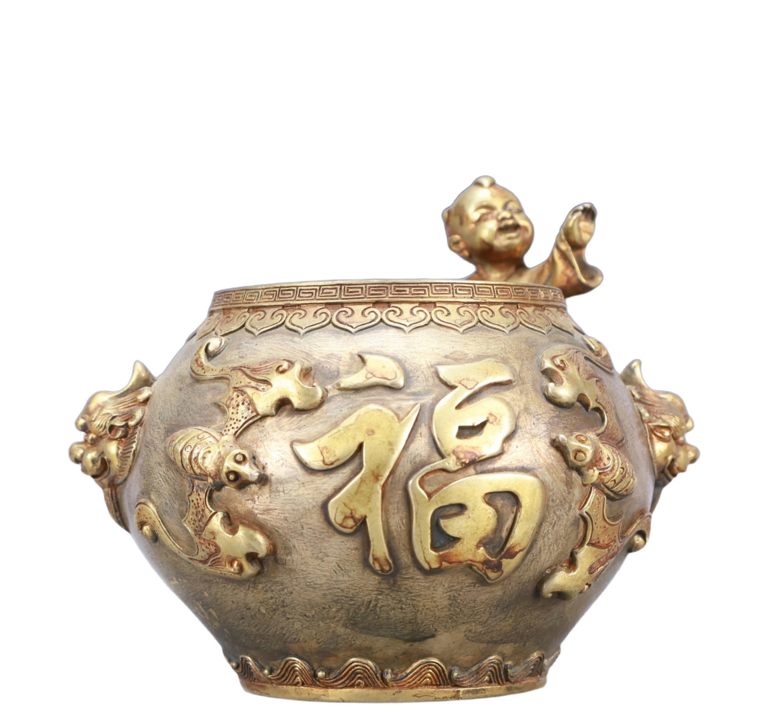 A Rare Gilt Silver Bats and Peach Pattern Beast-Ears Censer: A Rare Gilt Silver Bats and Peach Pattern Beast-Ears Censer,Ming Dynasty, China,Xuande Six-character Mark,Size:7.3inx6.5inx6.3in,Weight:1550g 银鎏金福寿纹兽&#