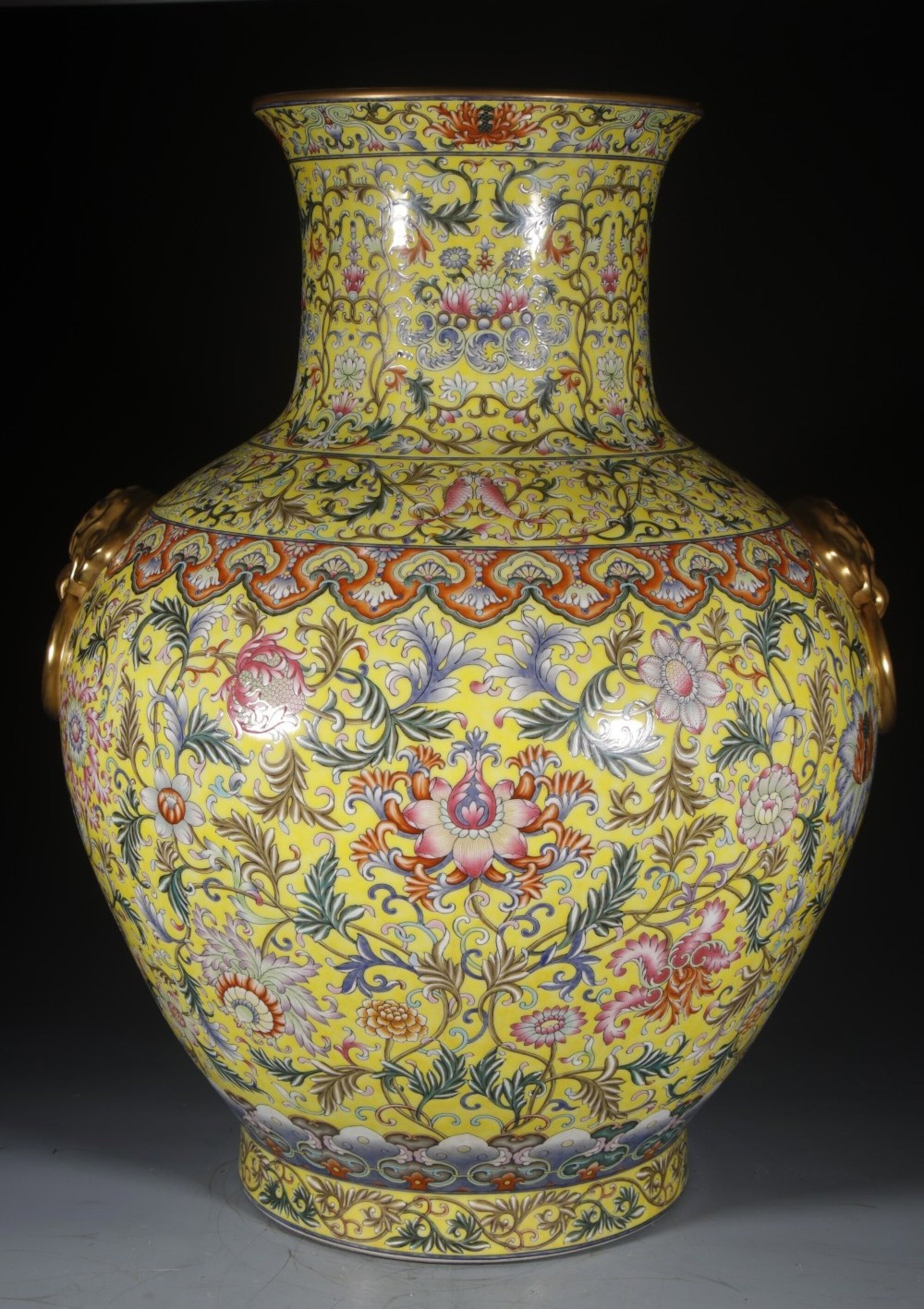A Huge Enamel Yellow Ground Lotus Pattern Double-Ears Vase (1 of 8)