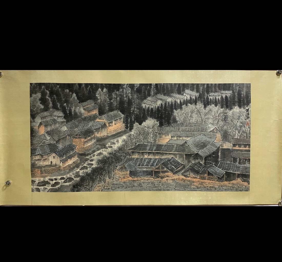 A Chinese Ink Painting of Landscape on Paper,Li Keran: A Chinese Ink Painting of Landscape on Paper,Li Keran,Size:25.6inx51.6in 一幅中国水墨山水画,李可染