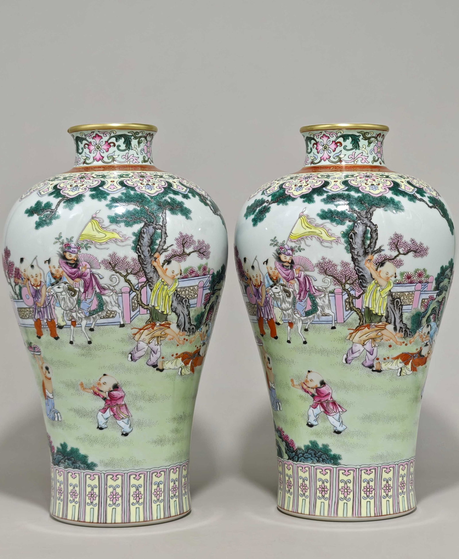 A Pair of Rare Enamel Painted Gold Character and Story Pattern Vases,With Poem: A Pair of Rare Enamel Painted Gold Character and Story Pattern Vases,With Poem,Qing Dynasty,China,Yongzheng Six-character Mark,Size:14.4inx8.7in 一对珐琅彩描金