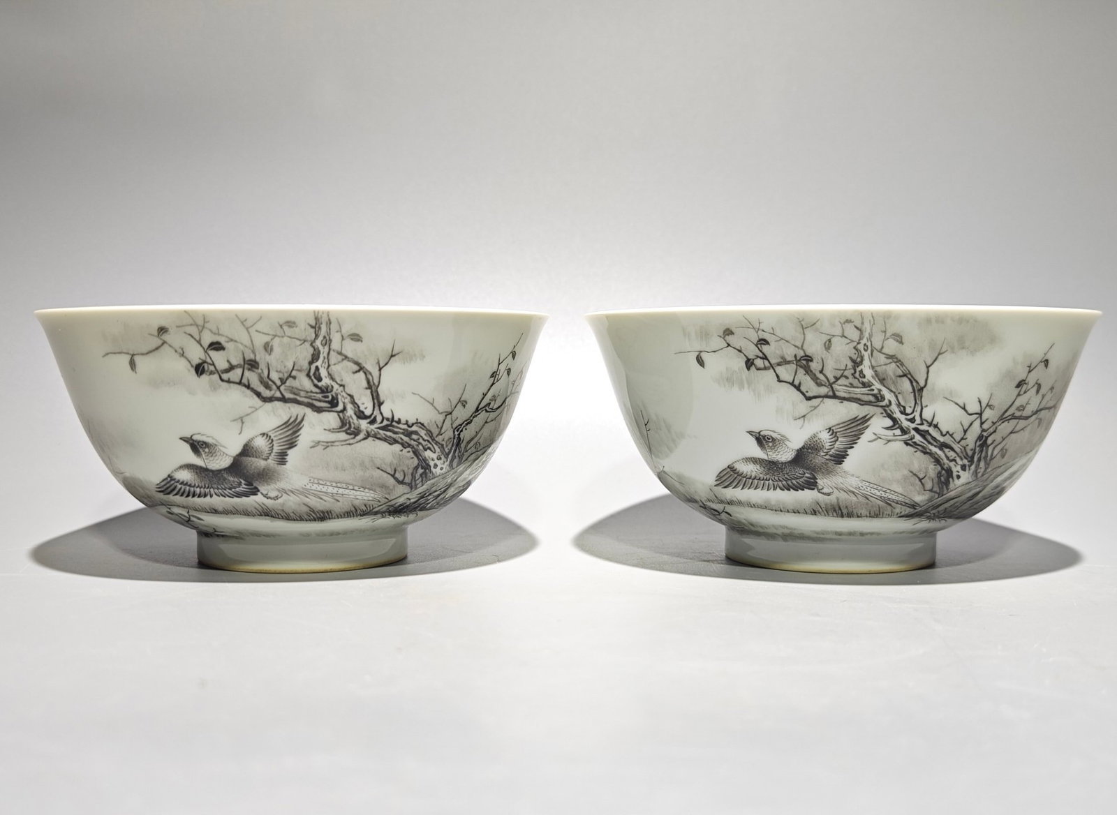 A Pair of Exquisite Ink Color Flower and Bird Pattern Bowls,With Poem: A Pair of Exquisite Ink Color Flower and Bird Pattern Bowls,With Poem,Qing Dynasty,China,Yongzheng Four-character Mark,Size:2.9inx5.8in 一对墨彩花鸟纹碗