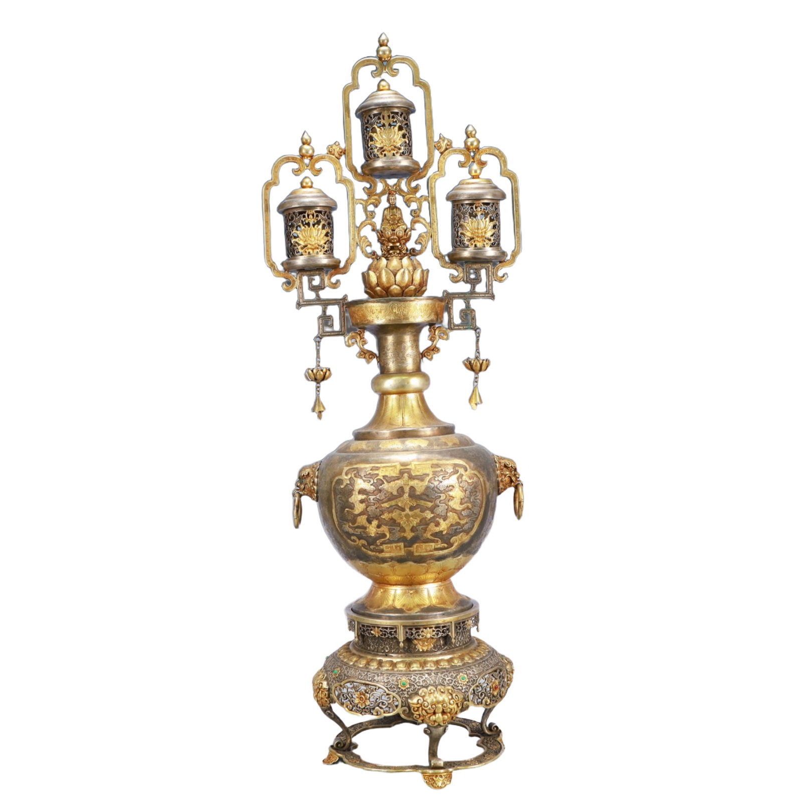 A Huge Gilt Silver Lotus and Bats Pattern Beast-Ears Candlestick,Inlaid Gems (1 of 9)