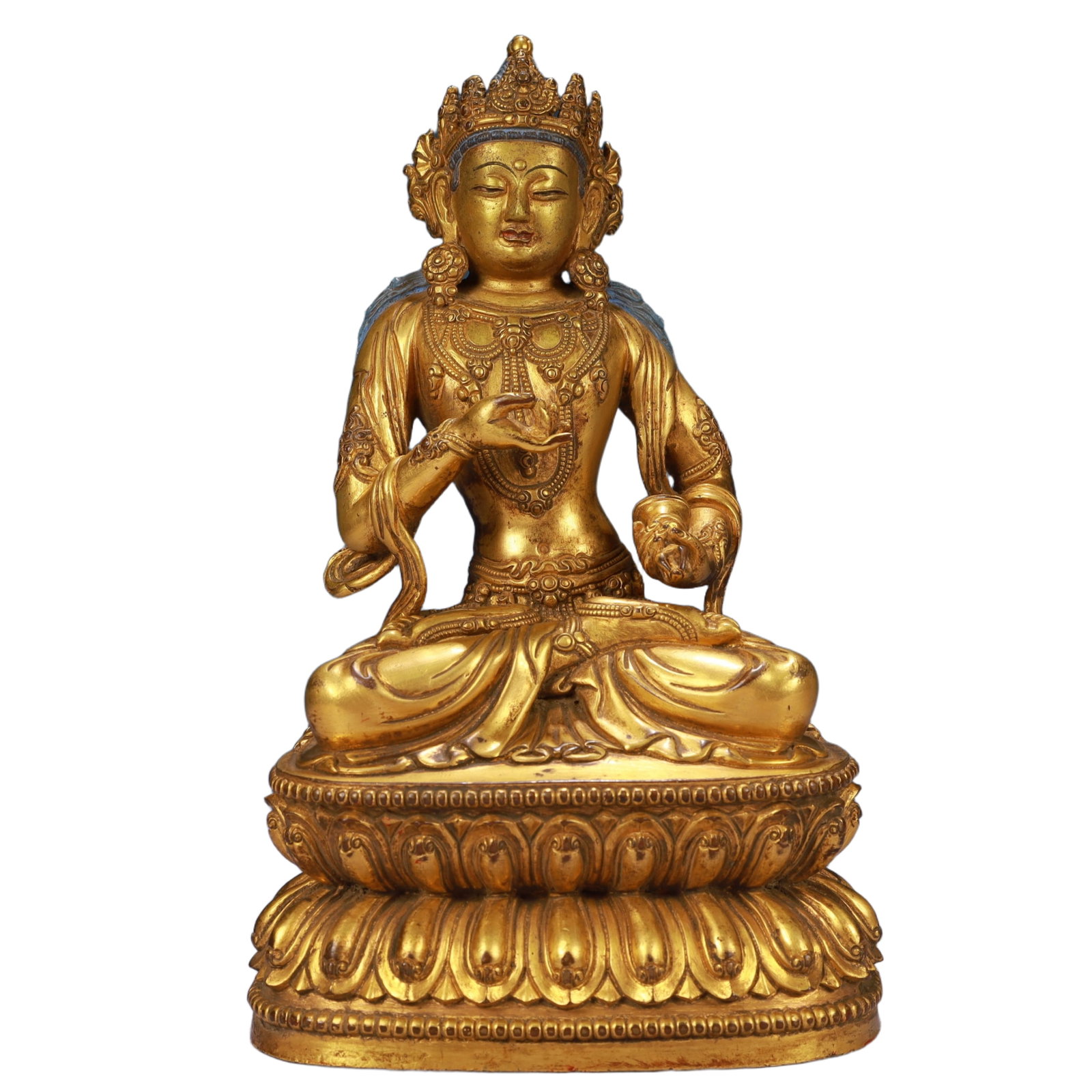 A Solemn Gilt Bronze Statue of Amitayus: A Solemn Gilt Bronze Statue of Amitayus,Qing Dynasty, China,Size:5.5inx3.5inx9.1in,Weight:2250g 铜鎏金无量寿佛像,中国清代
