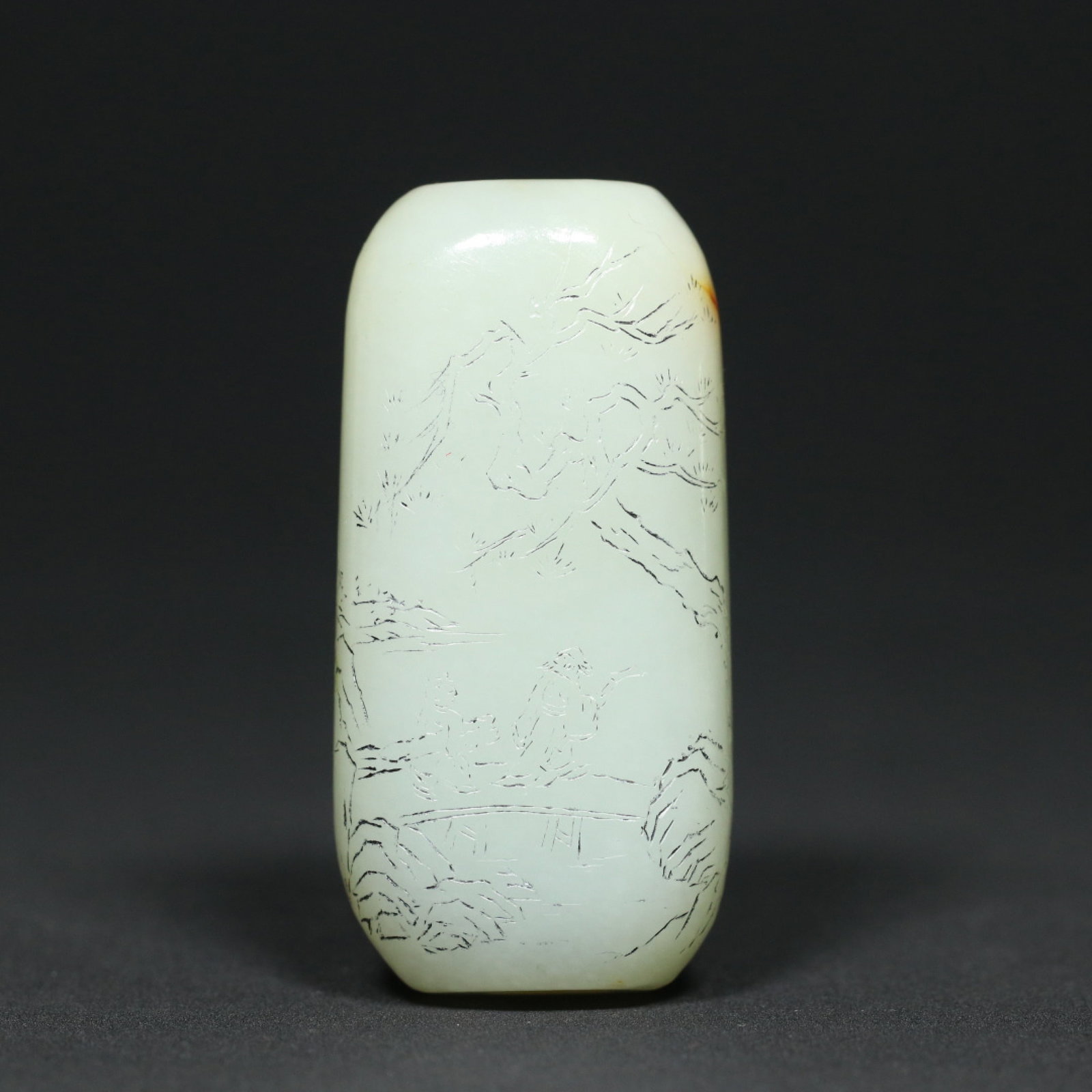 An Exquisite White Jade Landscape and Figure Pattern Hand Piece,With Poem: An Exquisite White Jade Landscape and Figure Pattern Hand Piece,With Poem,Qing Dynasty,China,Size:2.6inx1.3inx0.9in,Weight:109.8g 白玉山水人物纹手৚