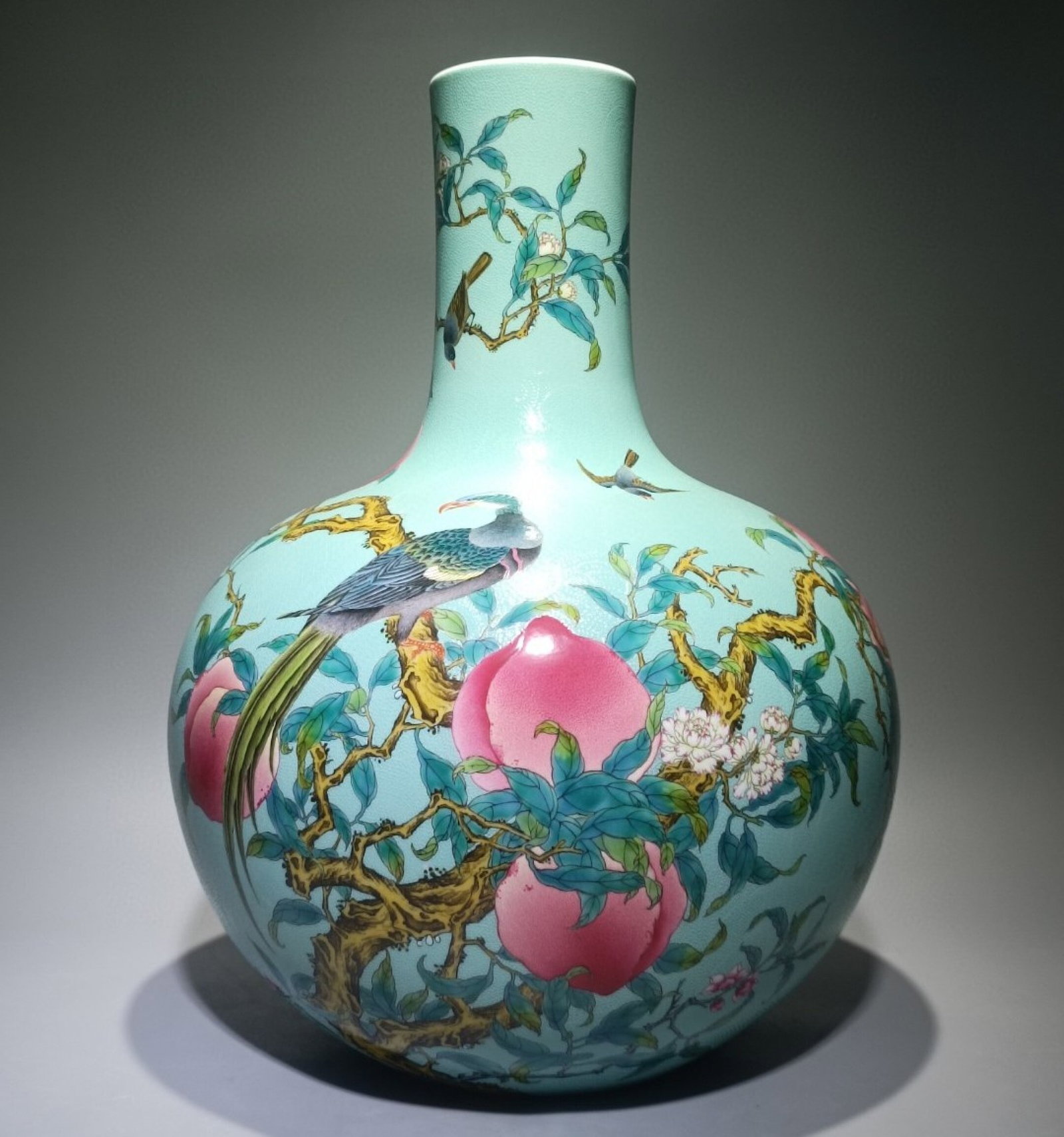 A Huge Famille-Rose Turquoise Ground Peach and Bird Pattern Vase (1 of 9)