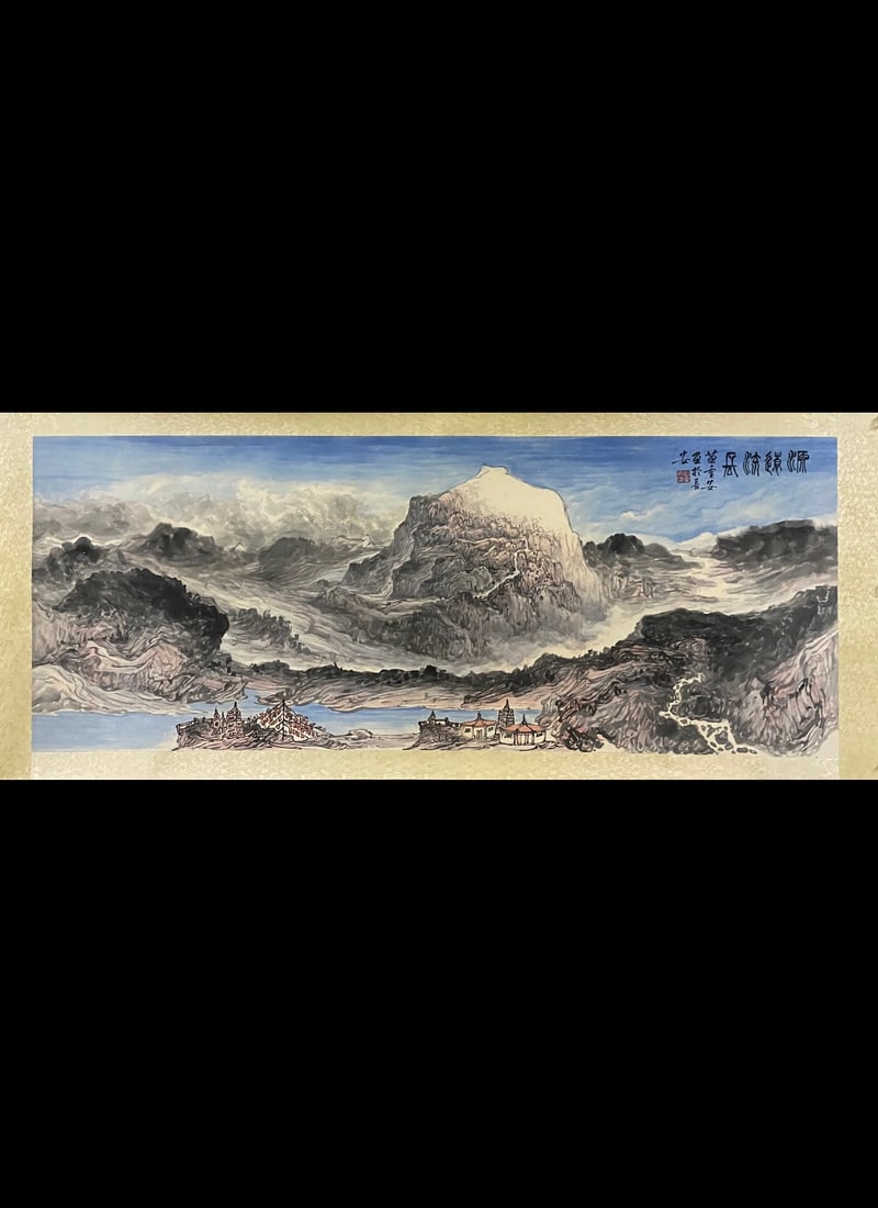 A Chinese Ink Painting of Landscape on Paper,Miao Chongan: A Chinese Ink Painting of Landscape on Paper,Miao Chongan,Size:27.6inx70.9in 一幅中国水墨山水画,苗重安