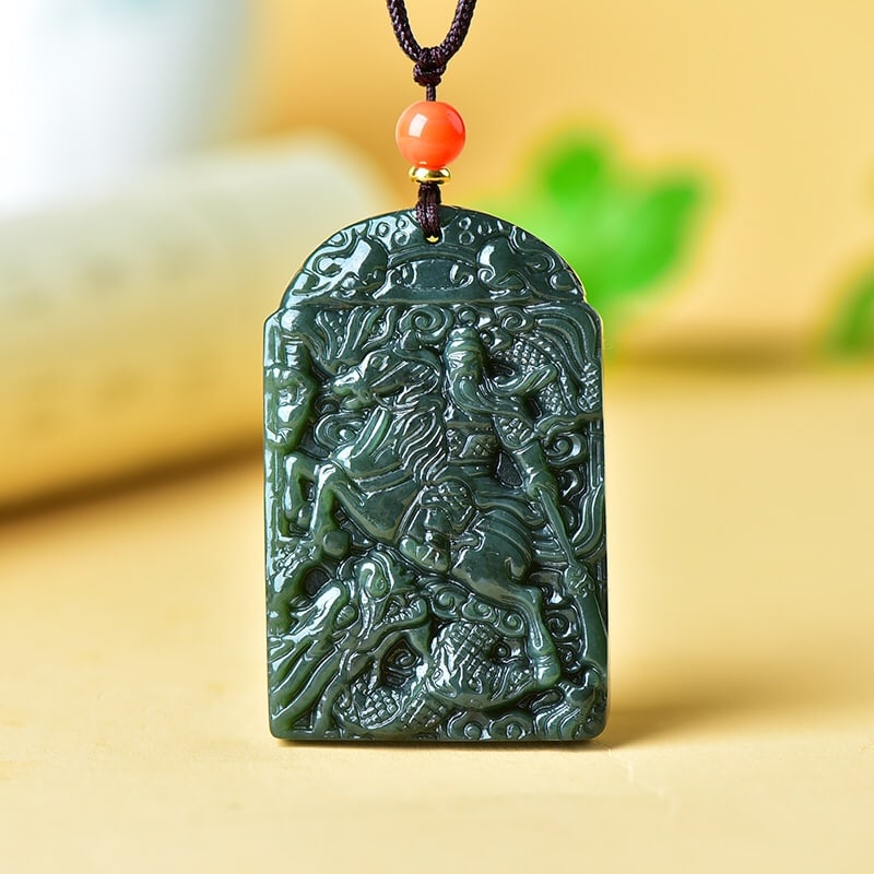 An Exquisite Sapphire Riding Horse Guangong Pattern Pendant: An Exquisite Sapphire Riding Horse Guangong Pattern Pendant,Size:39mmx61mm