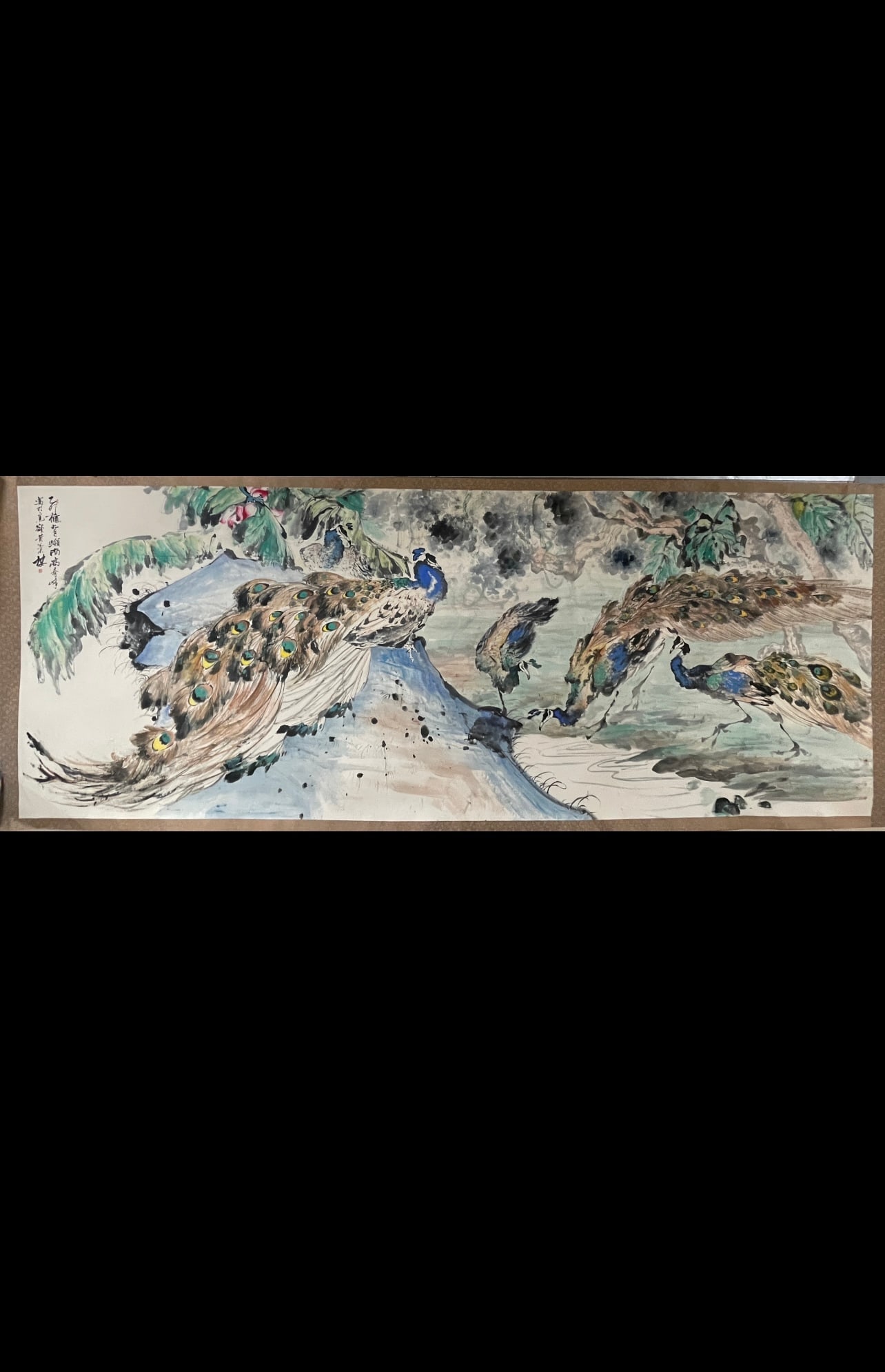 A Chinese Ink Painting of Peacock on Paper,Gao Qifeng: A Chinese Ink Painting of Peacock on Paper,Gao Qifeng,Size:78.7inx196.8in 一幅中国水墨孔雀图,高奇峰