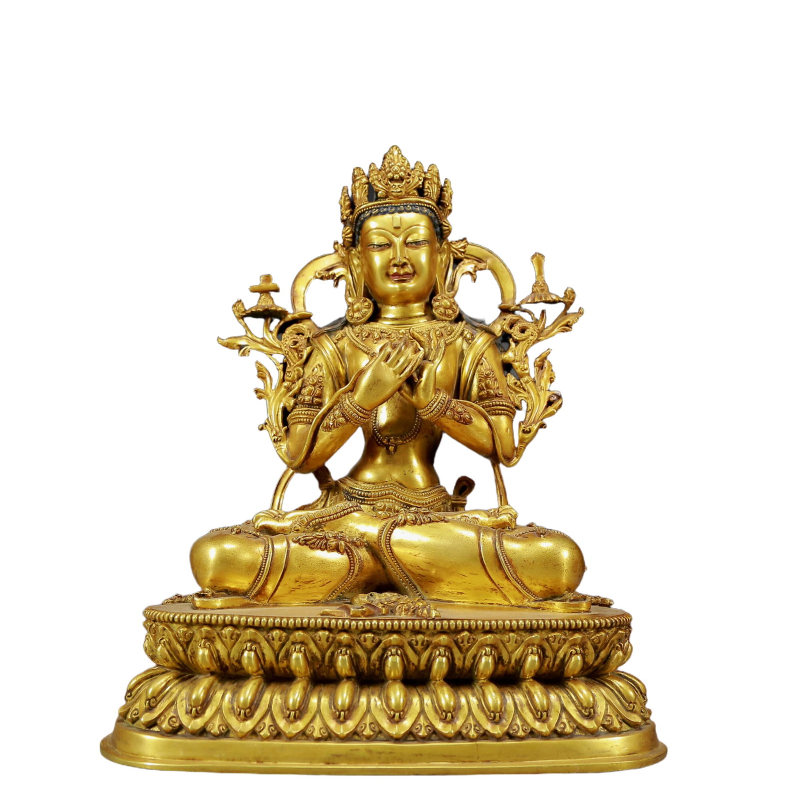 A Solemn Gilt Bronze Statue of Manjusri: A Solemn Gilt Bronze Statue of Manjusri,Ming Dynasty, China,Size:7.5inx5.5inx9.4in,Weight:3560g 铜鎏金文殊菩萨像，明代