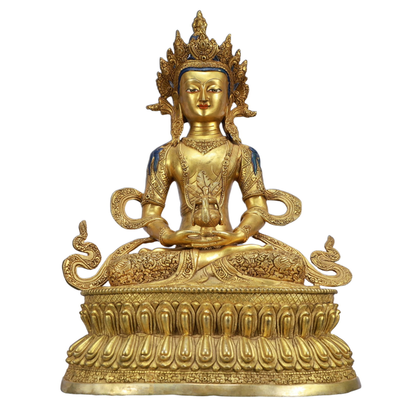 A Solemn Gilt Bronze Statue of Amitayus: A Solemn Gilt Bronze Statue of Amitayus,Ming Dynasty, China,Size:13inx10.4inx18.9in,Weight:12200g 铜鎏金无量寿佛像,中国明代