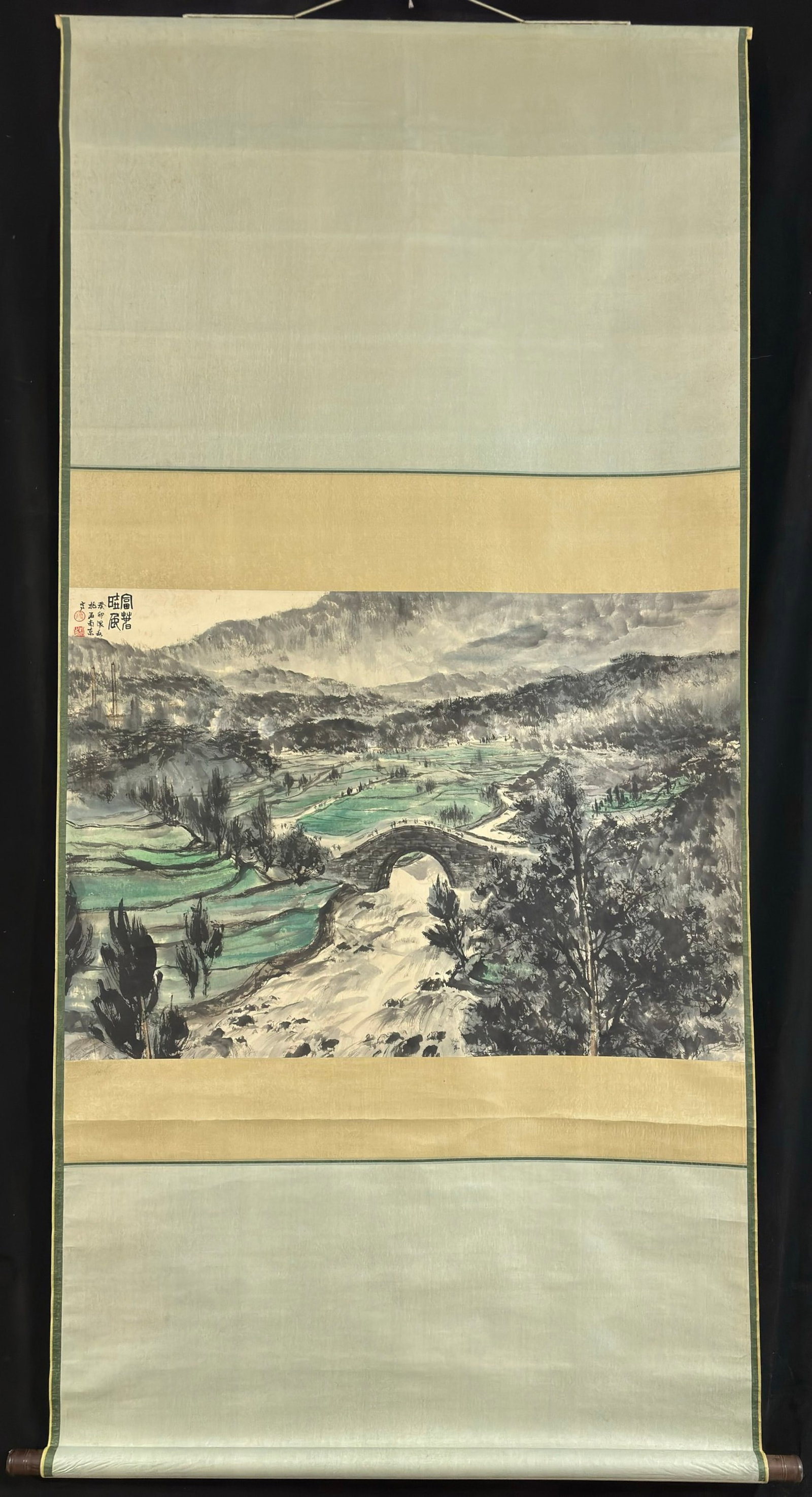 A Chinese Vertical Scroll Ink Painting of Landscape on Paper,Fu Baoshi: A Chinese Vertical Scroll Ink Painting of Landscape on Paper,Fu Baoshi,Size:(Without frame)27inx39in 一幅中国水墨山水画立轴,傅&#