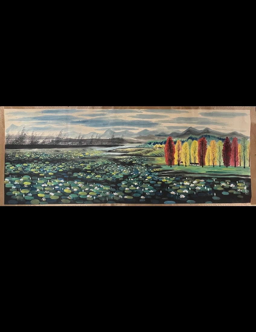 A Chinese Ink Painting of Landscape on Paper,Lin Fengmian: A Chinese Ink Painting of Landscape on Paper,Lin Fengmian,Size:78.7inx196.8in 一幅中国水墨山水画,林风眠