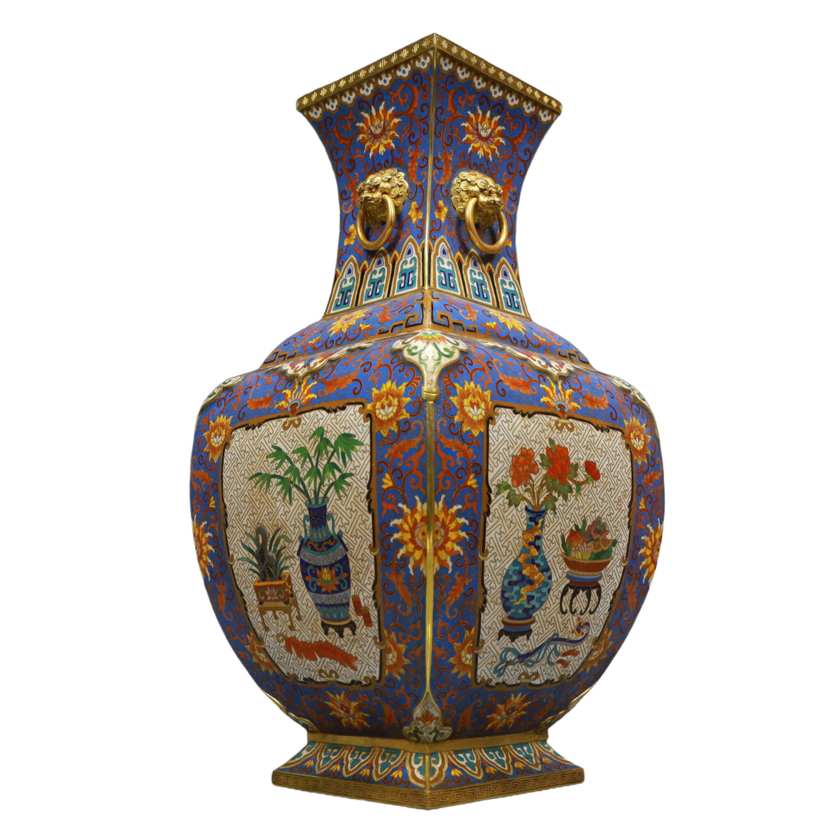 A Huge Cloisonne Flower Pattern Lion-Ears Vase: A Huge Cloisonne Flower Pattern Lion-Ears Vase, Qing Dynasty, China, Qianlong Four-character Mark, Size:9.4inx19.7in, Weight:14200g 景泰蓝花卉纹狮耳