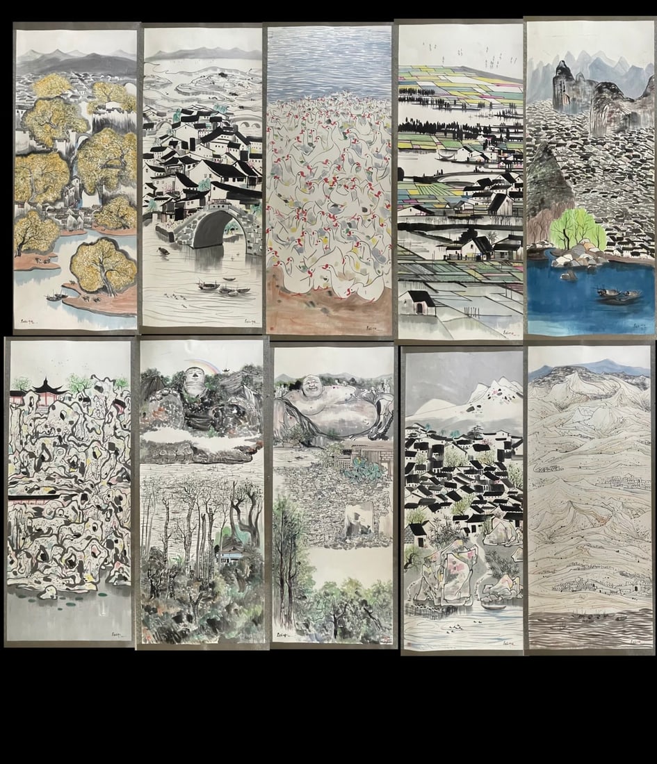 A Set of Chinese Ink Painting of Landscape on Paper,Wu Guanzhong: A Set of Chinese Ink Painting of Landscape on Paper,Wu Guanzhong,Size:55.1inx141.7in*10 一套中国水墨山水画,吴冠中