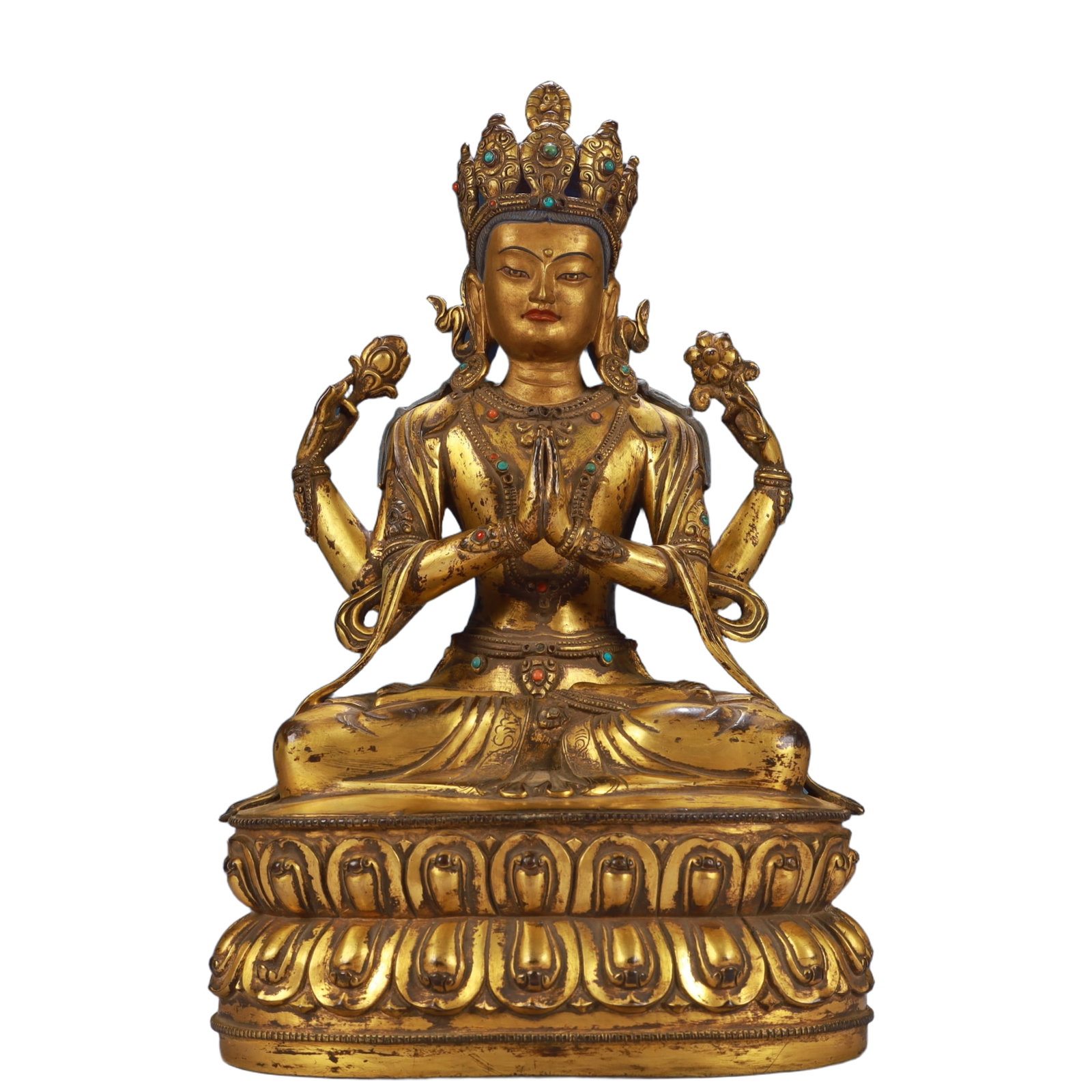 A Solemn Gilt Bronze Four-arms Statue of Avalokitesvara,Inlaid Gems and Turquoise: A Solemn Gilt Bronze Four-arms Statue of Avalokitesvara,Inlaid Gems and Turquoise,Qing Dynasty, China,Size:8.7inx6.7inx15.4in,Weight:7450g 铜鎏金四臂观音Î