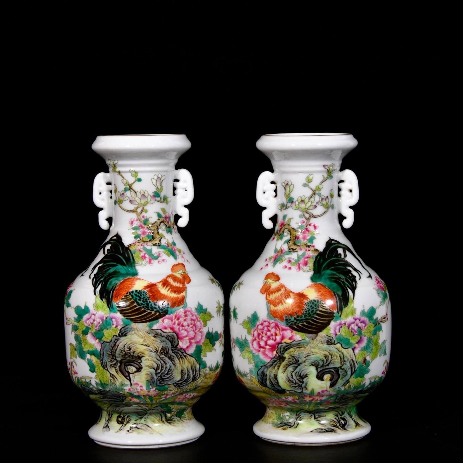 A Pair of Exquisite Enamel Flower and Rooster Pattern Double-Ears Vases,With Poem: A Pair of Exquisite Enamel Flower and Rooster Pattern Double-Ears Vases,With Poem,Qing Dynasty,China,Yongzheng Four-character Mark,Size:9.8inx5.1in 一对珐琅彩花