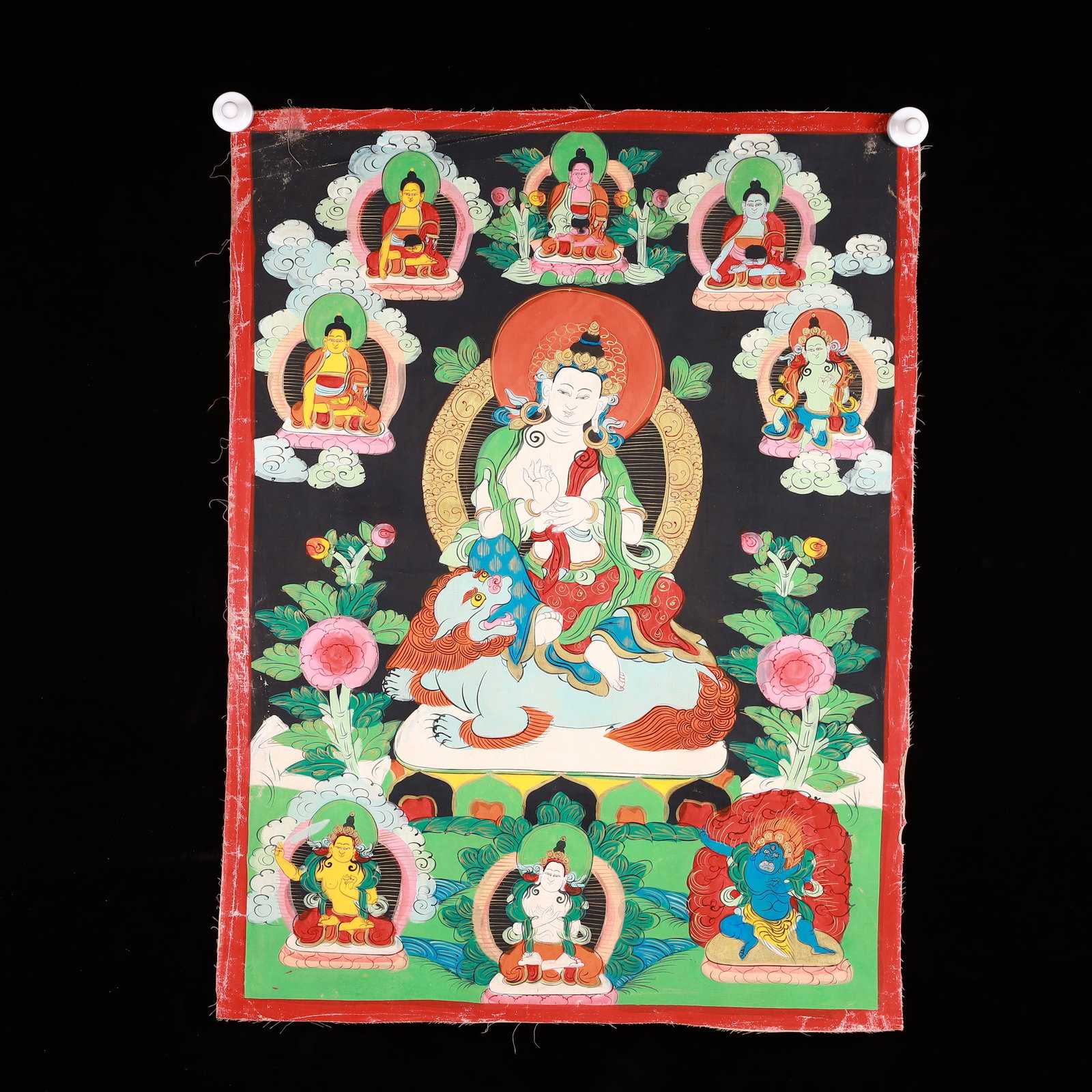 A Rare Painted Color Statue of Manjusri Tangka: A Rare Painted Color Statue of Manjusri Tangka,Qing Dynasty, China,Size:20.1inx26.8in 彩绘文殊菩萨像唐卡,中国清代