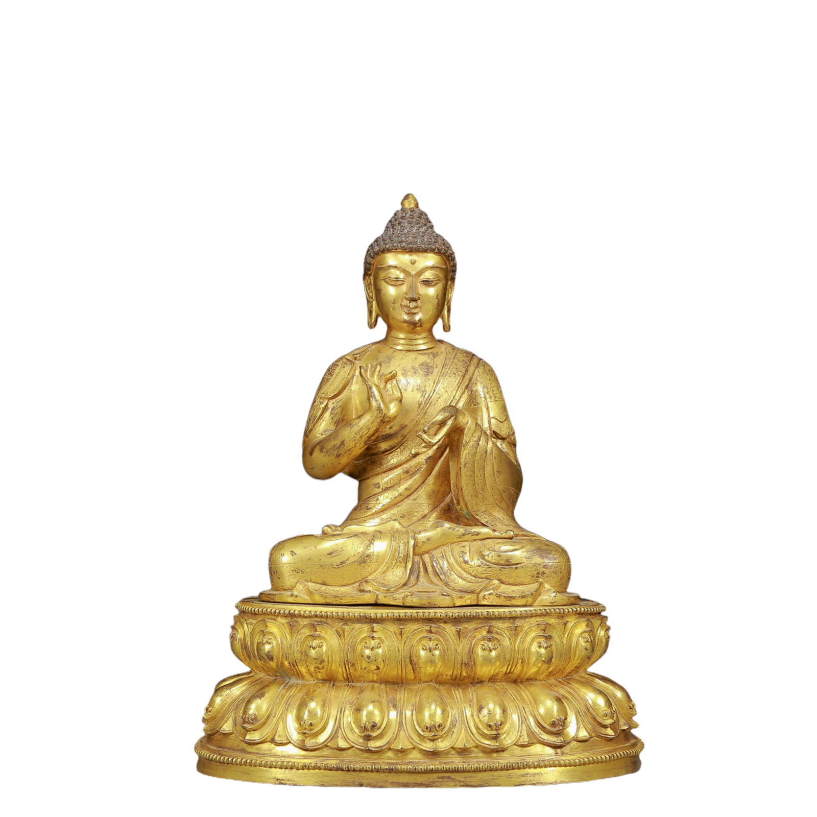 A Solemn Gilt Bronze Statue of Sakyamuni: A Solemn Gilt Bronze Statue of Sakyamuni,Ming Dynasty, China,Size:12.2inx9.1inx16.5in,Weight:12535g 铜鎏金释迦摩尼像，明代