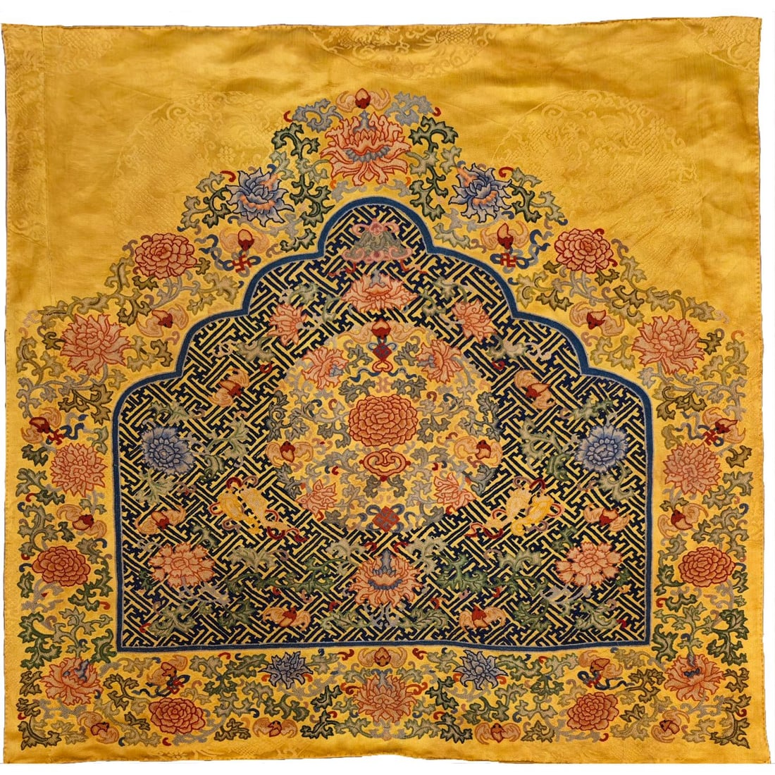 An exquisite seed-embroidered floral pattern swastika backrest: An exquisite seed-embroidered flower pattern swastika backrest, Qing Dynasty, China, Size: 29.1inx28.7in 打籽绣缠枝莲卍字纹背靠
