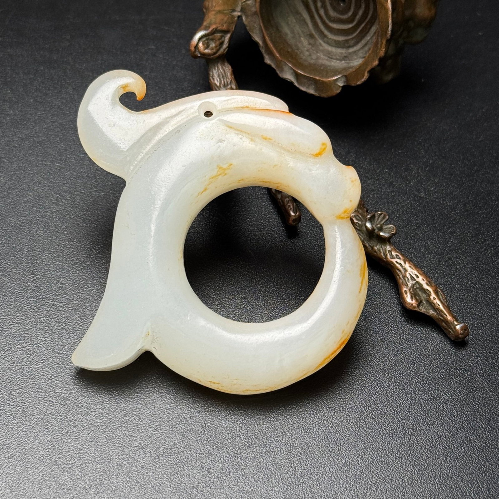 An Exquisite White Jade Pig-Dragon Pendant: An Exquisite White Jade Pig-Dragon Pendant,Qing Dynasty,China,Size:59mmx61mmx11mm,Weight:53g 白玉猪龙挂件,中国清代