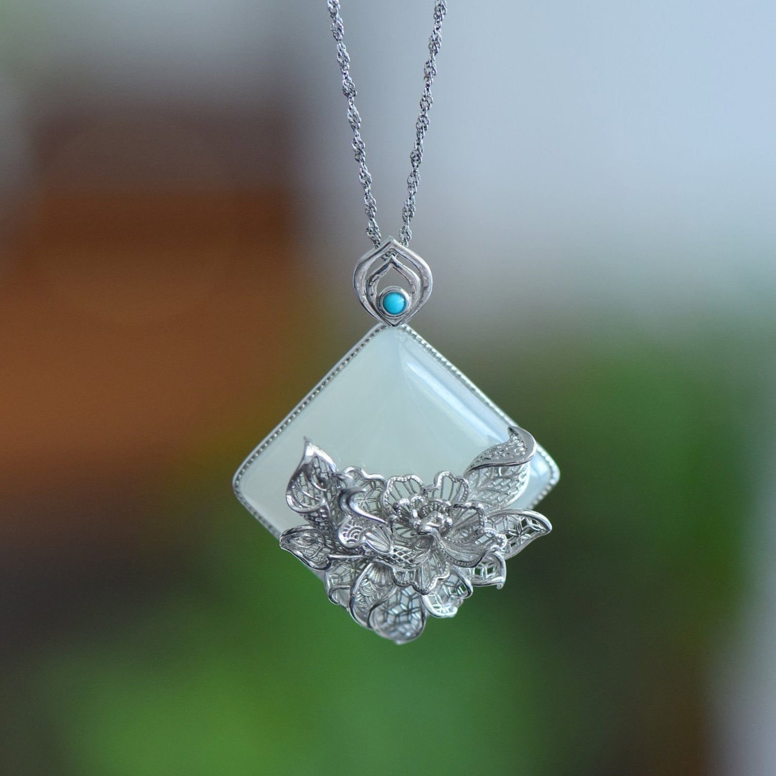 An Exquisite Sterling Silver Inlaid White Jade Pendant: An Exquisite Sterling Silver Inlaid White Jade Pendant,Size:24mmx24mm 纯银镶白玉吊坠